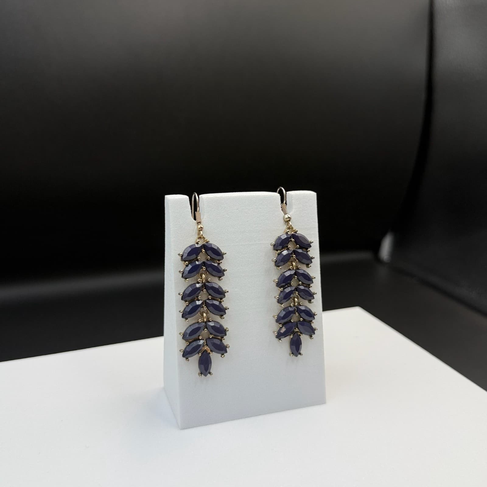 Vintage Womens Navy Gold-Plated Stone-Studded Leaf-Shaped Dangle Fashion Earring - Thumbnail 12