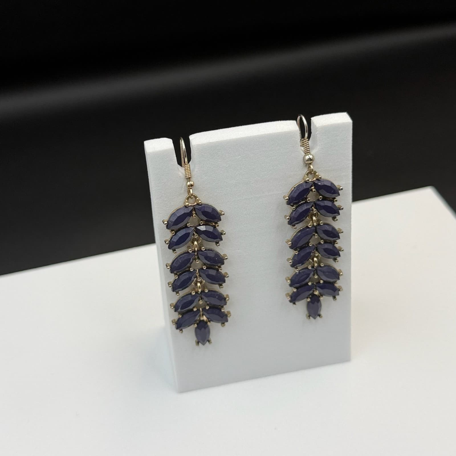 Vintage Womens Navy Gold-Plated Stone-Studded Leaf-Shaped Dangle Fashion Earring - Thumbnail 17