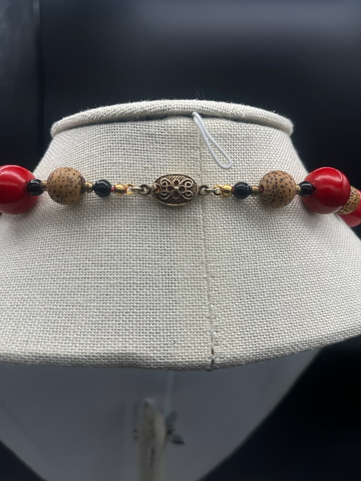 Vintage Long Red Tan Black Beaded Fashion Necklace Boho Statement Jewelry - Thumbnail 3