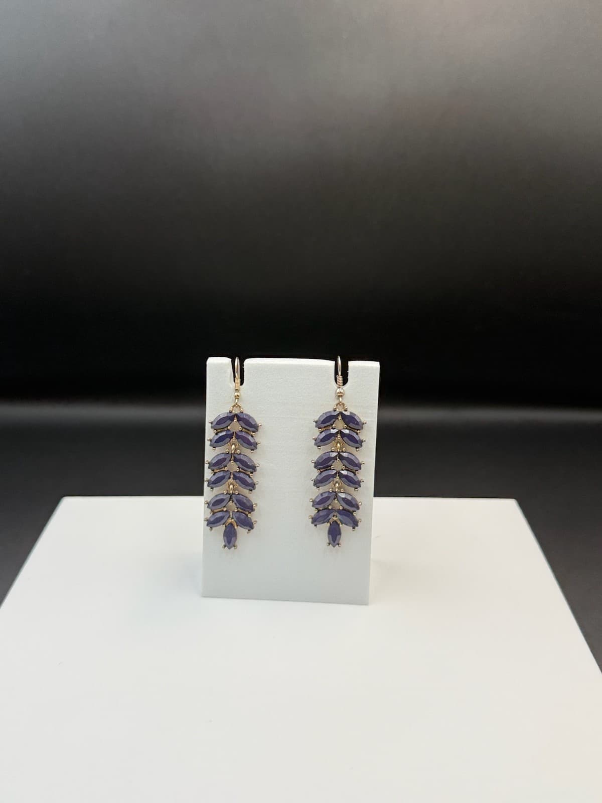 Vintage Womens Navy Gold-Plated Stone-Studded Leaf-Shaped Dangle Fashion Earring - Thumbnail 18