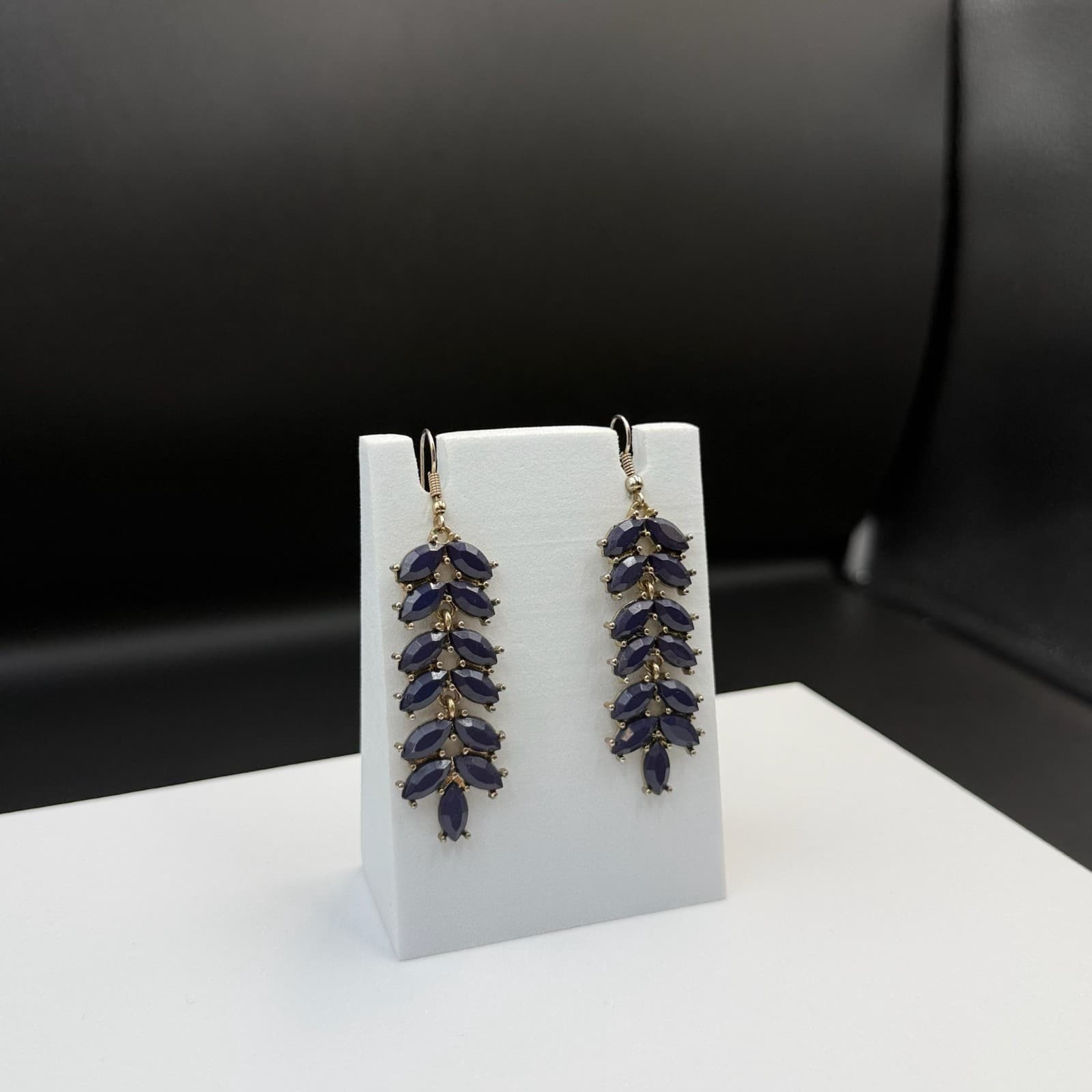 Vintage Womens Navy Gold-Plated Stone-Studded Leaf-Shaped Dangle Fashion Earring - Thumbnail 13