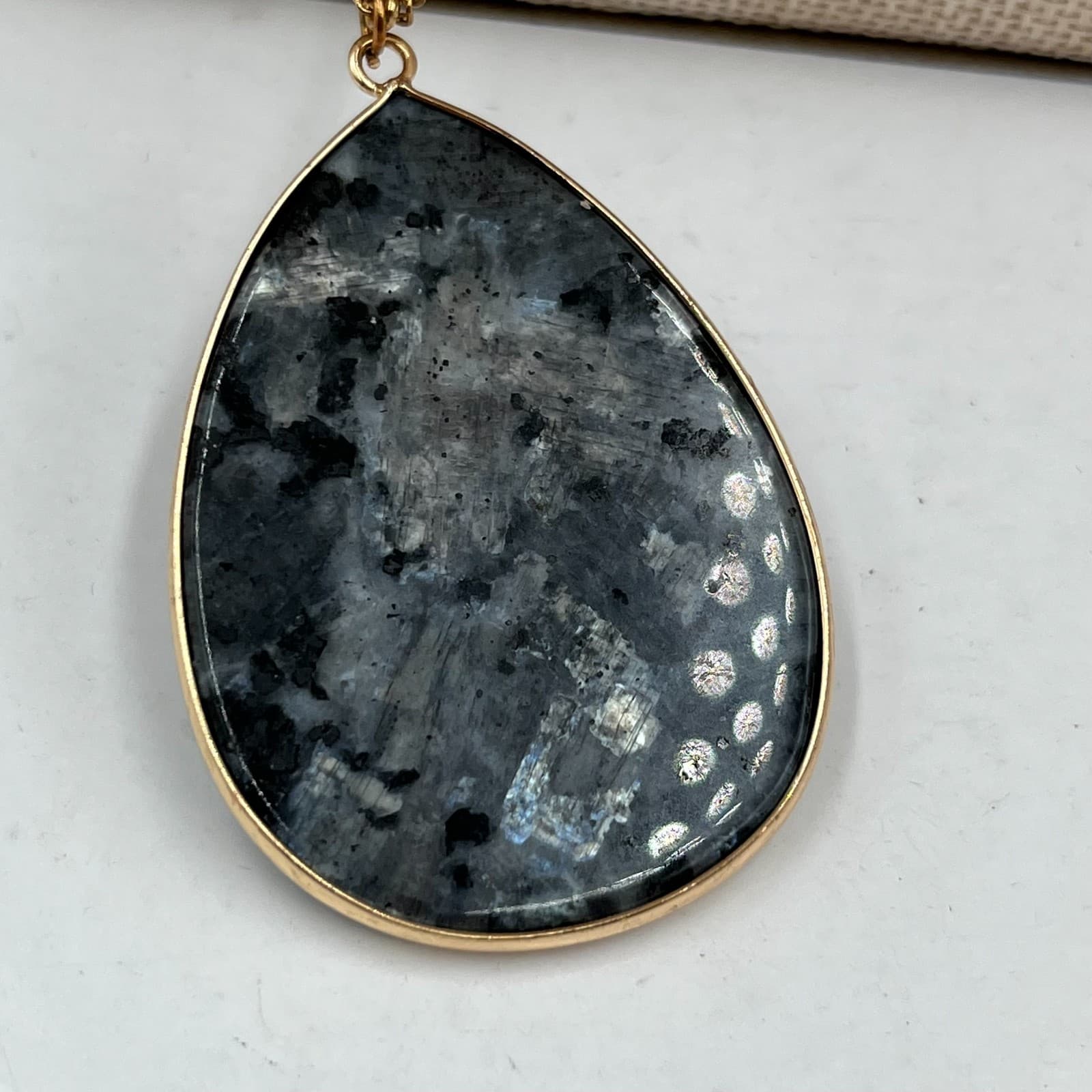 Vtg Gray Moonstone Teardrop Pendant Gold Satellite Chain Necklace Boho Jewelry - Thumbnail 3