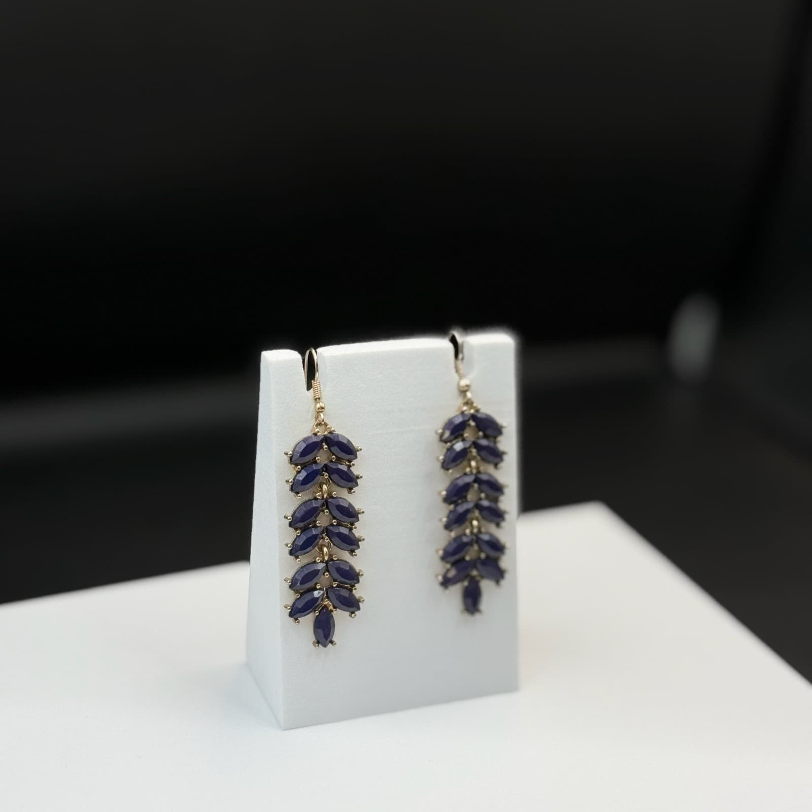 Vintage Womens Navy Gold-Plated Stone-Studded Leaf-Shaped Dangle Fashion Earring - Thumbnail 10