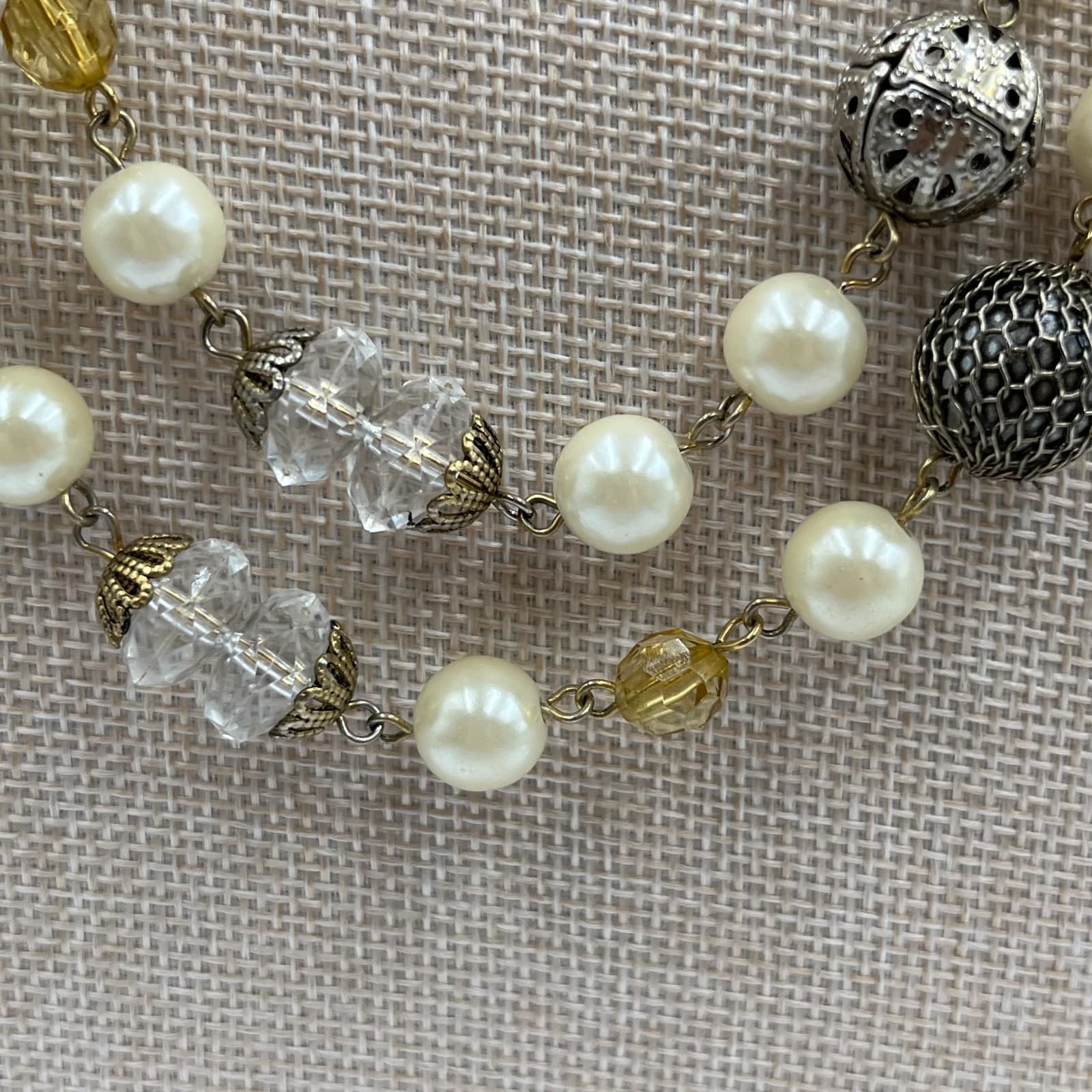 Vintage Silver Tone Faux Pearl & Clear Crystal Station Necklace Long 36" Beaded - Thumbnail 3