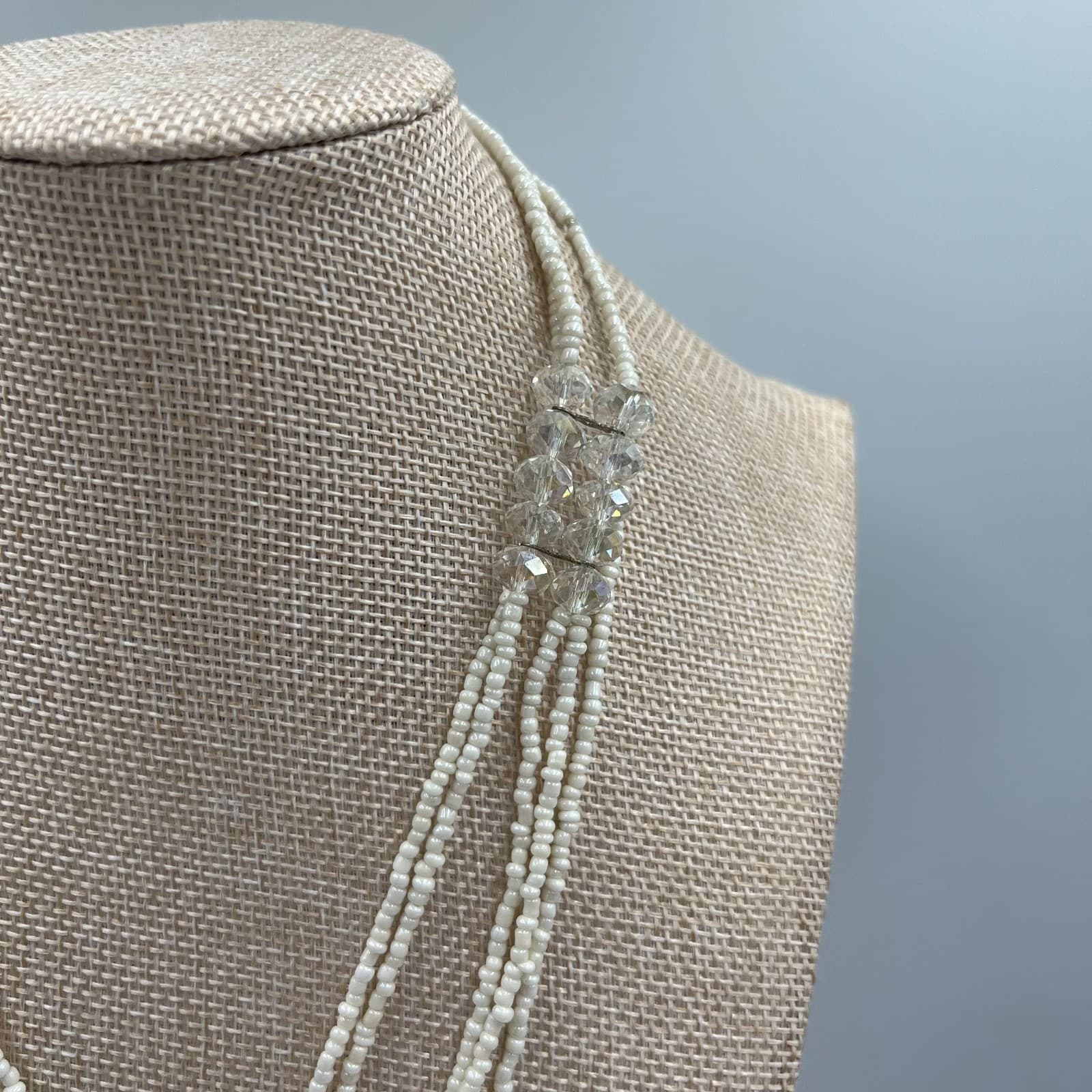 Vintage White Seed Bead Multi Strand Lariat Necklace Crystal Accents Bridal Boho - Thumbnail 2