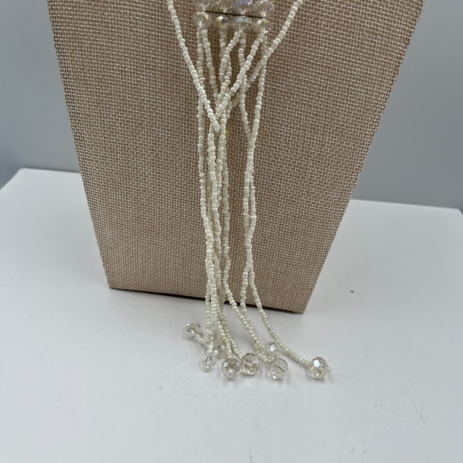 Vintage White Seed Bead Multi Strand Lariat Necklace Crystal Accents Bridal Boho - Thumbnail 5