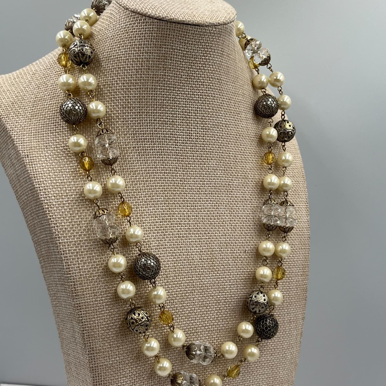 Vintage Silver Tone Faux Pearl & Clear Crystal Station Necklace Long 36" Beaded - Thumbnail 4