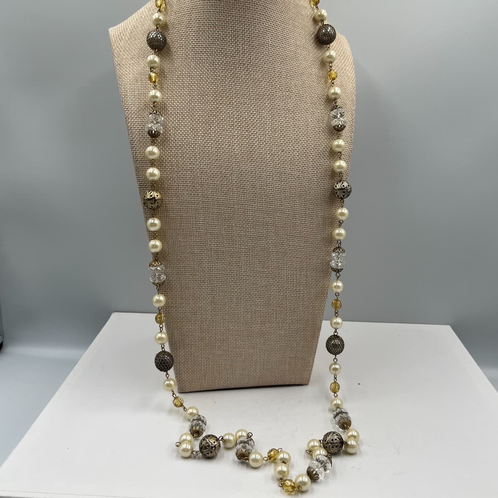 Vintage Silver Tone Faux Pearl & Clear Crystal Station Necklace Long 36" Beaded - Thumbnail 6