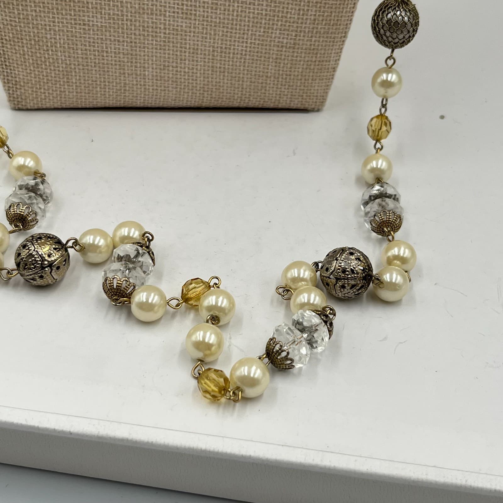 Vintage Silver Tone Faux Pearl & Clear Crystal Station Necklace Long 36" Beaded - Thumbnail 5