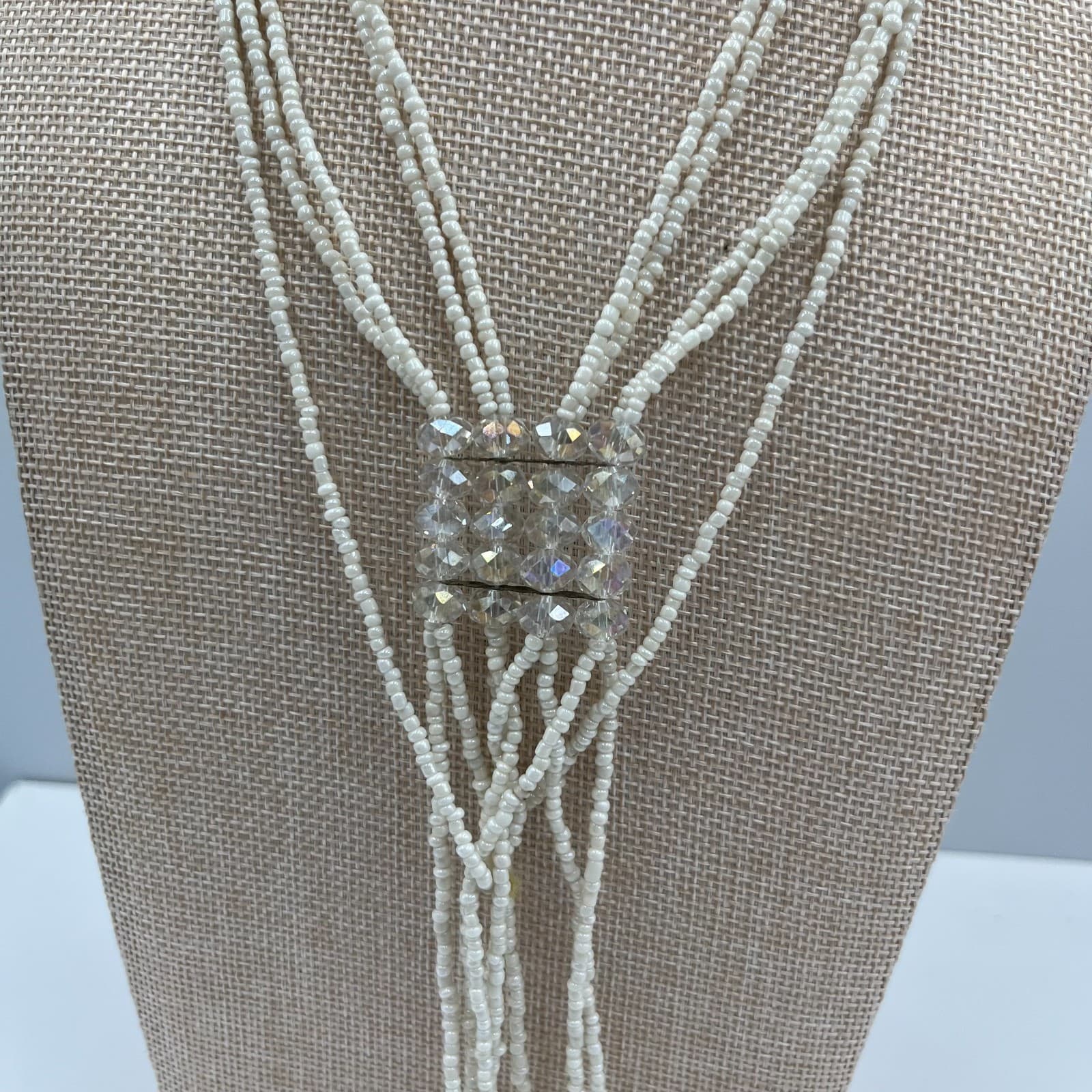 Vintage White Seed Bead Multi Strand Lariat Necklace Crystal Accents Bridal Boho - Thumbnail 4