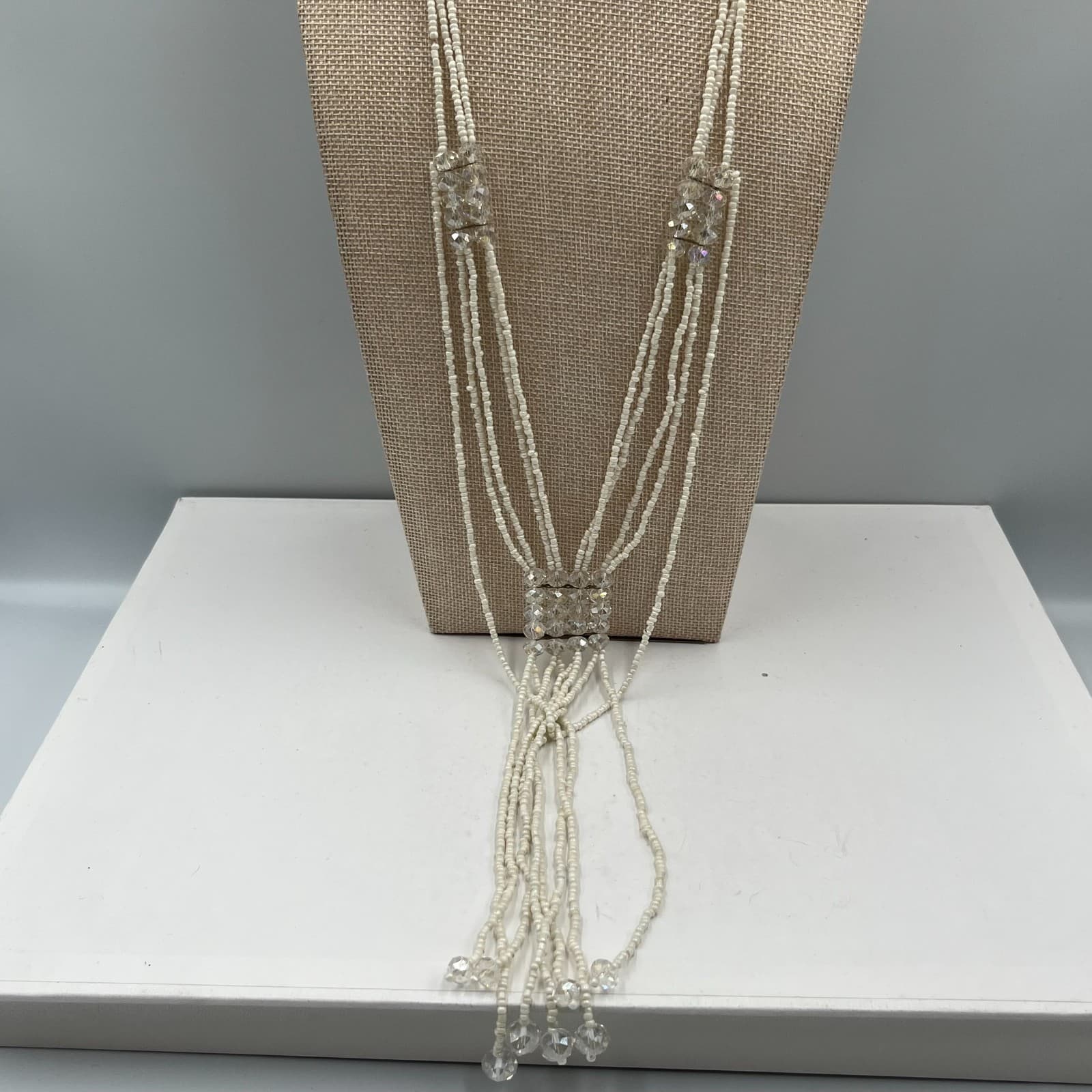 Vintage White Seed Bead Multi Strand Lariat Necklace Crystal Accents Bridal Boho - Thumbnail 7