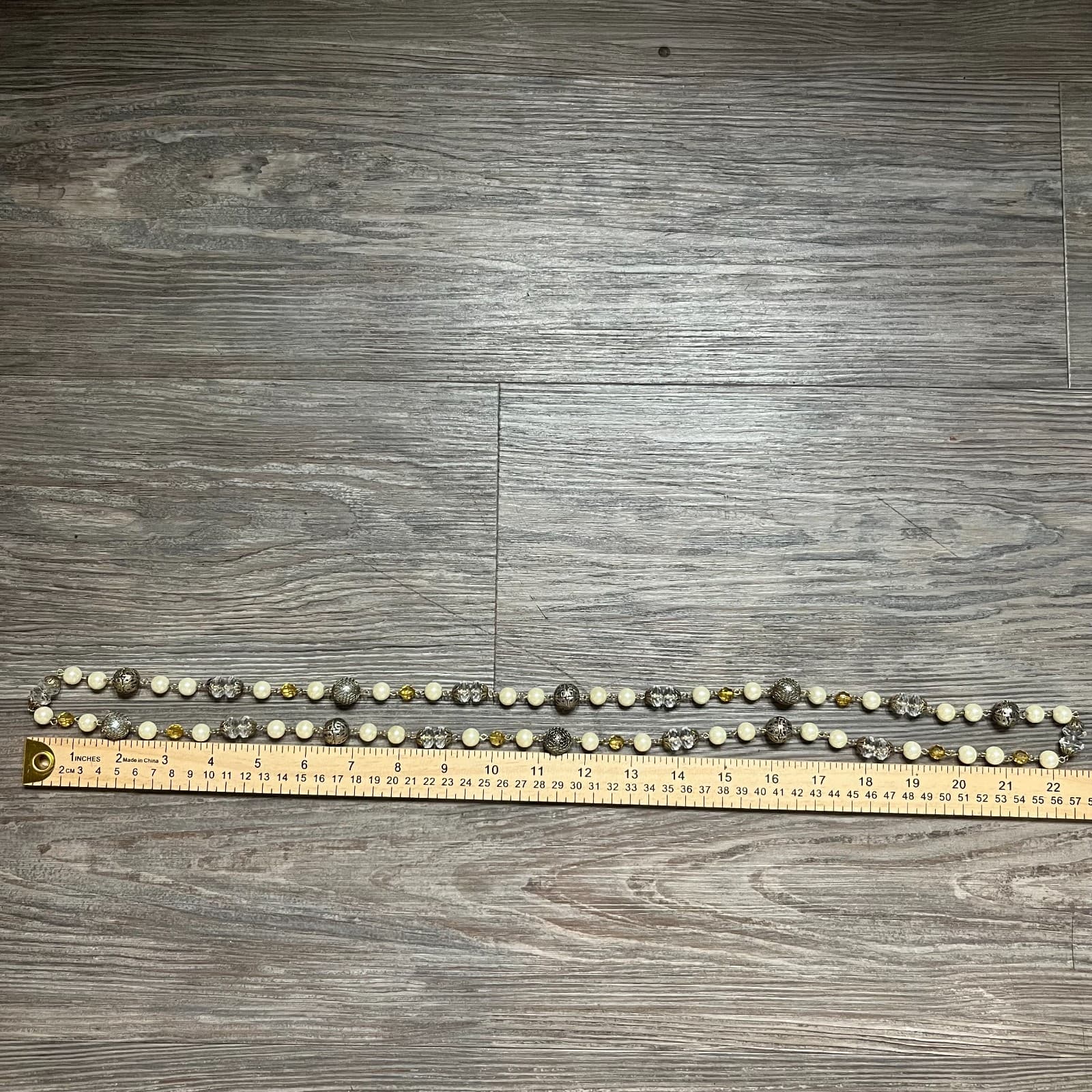 Vintage Silver Tone Faux Pearl & Clear Crystal Station Necklace Long 36" Beaded - Thumbnail 7