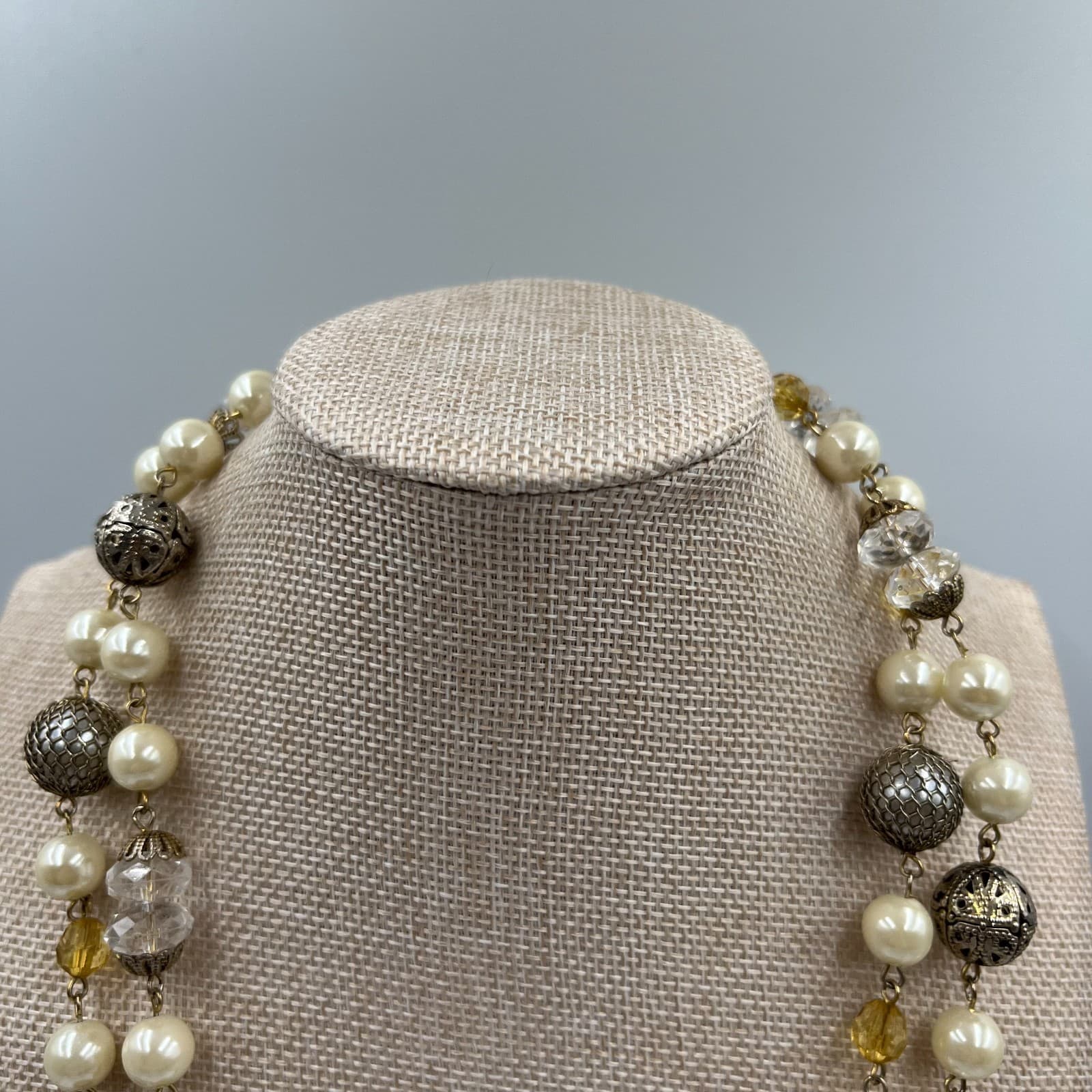Vintage Silver Tone Faux Pearl & Clear Crystal Station Necklace Long 36" Beaded - Thumbnail 2