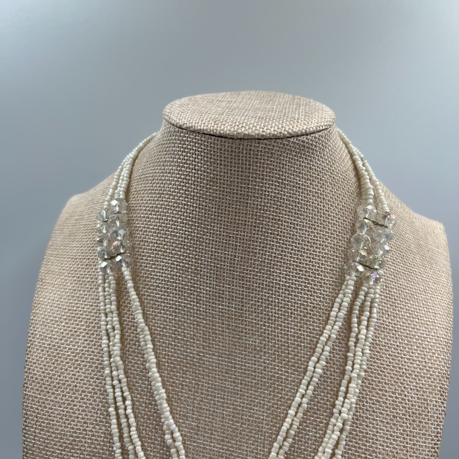 Vintage White Seed Bead Multi Strand Lariat Necklace Crystal Accents Bridal Boho - Thumbnail 3