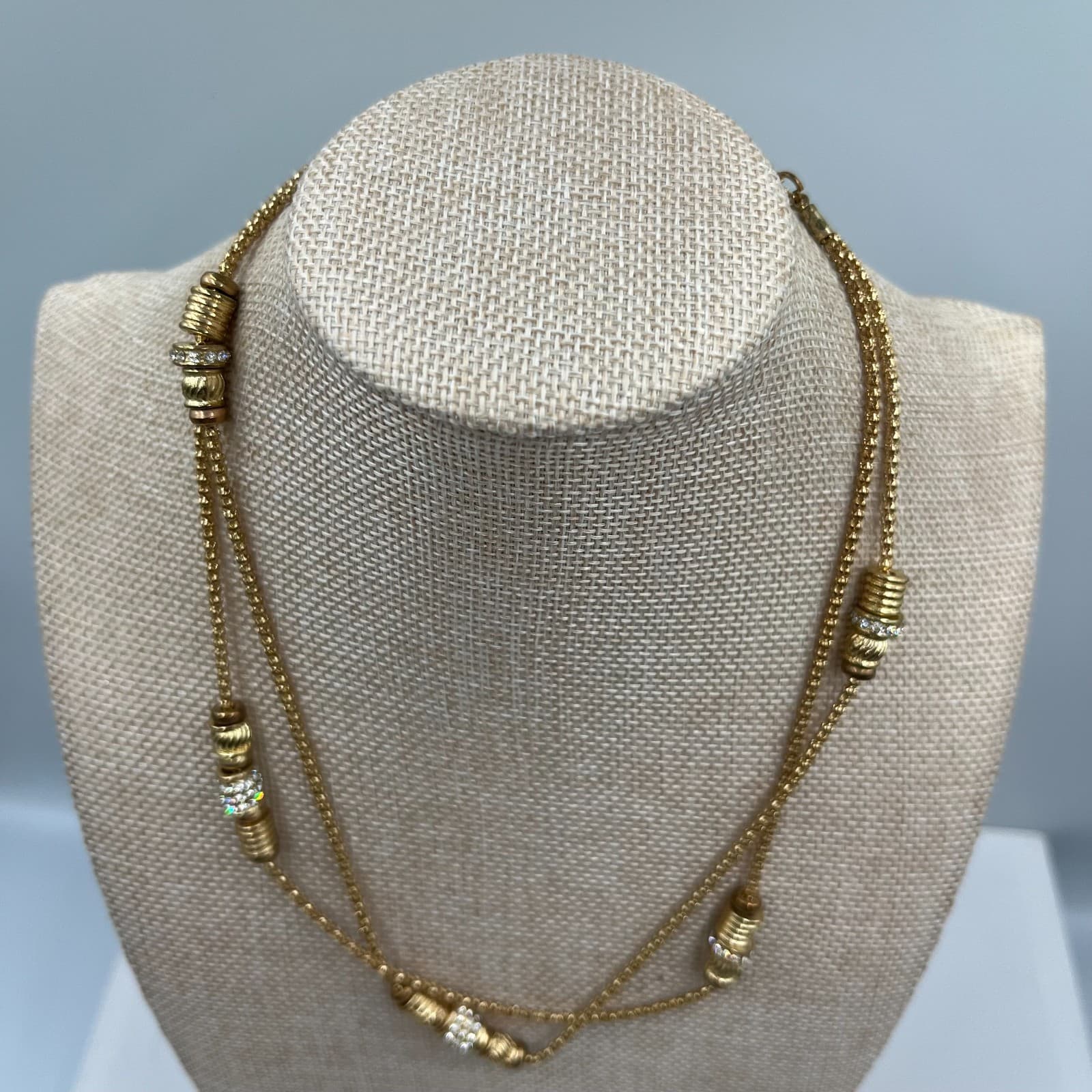 Vintage Gold Tone Long Station Necklace Rhinestone Encrusted Ball Beads 36" - Thumbnail 2