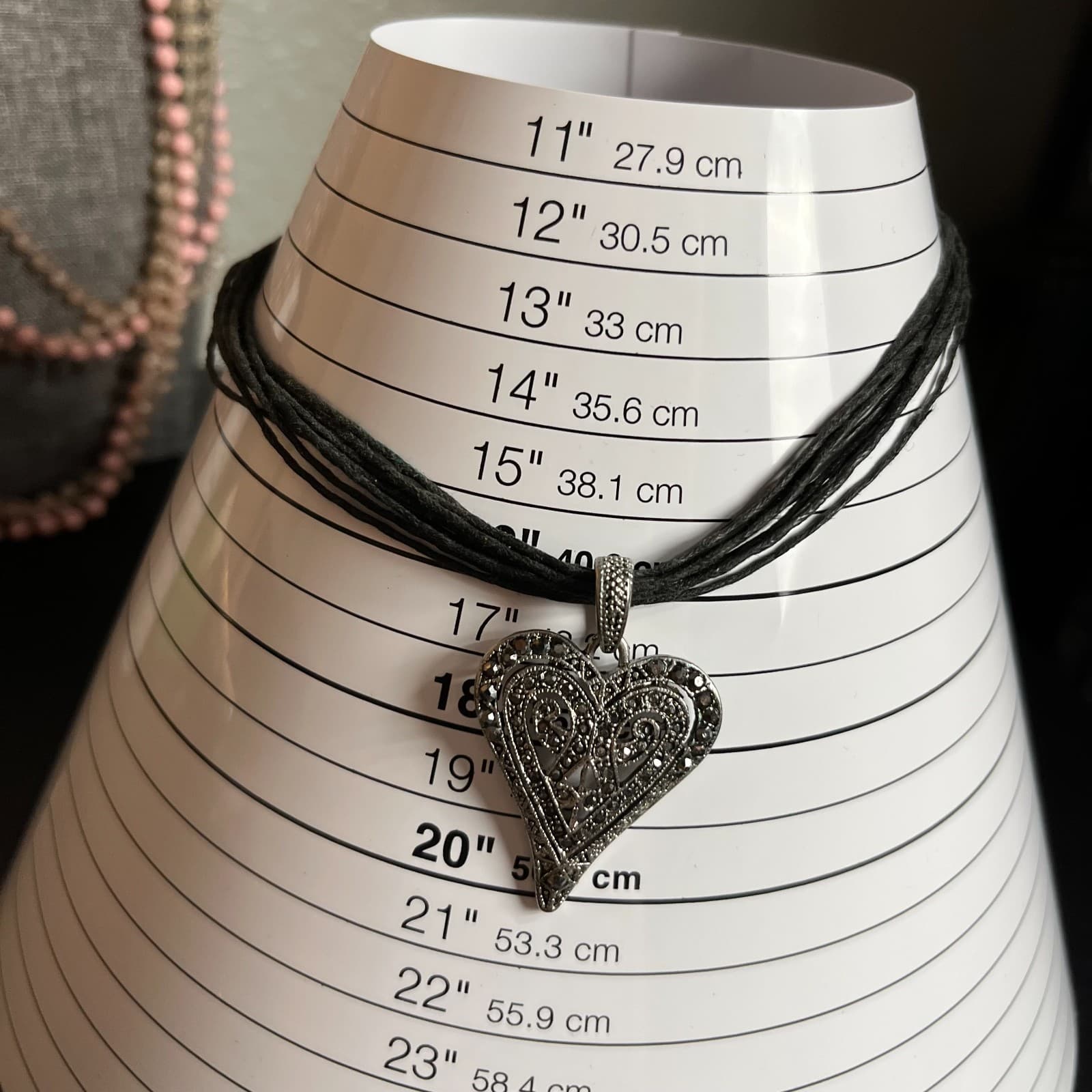 Vintage Marcasite Heart Pendant Necklace Multi Strand Black Cord - Thumbnail 6