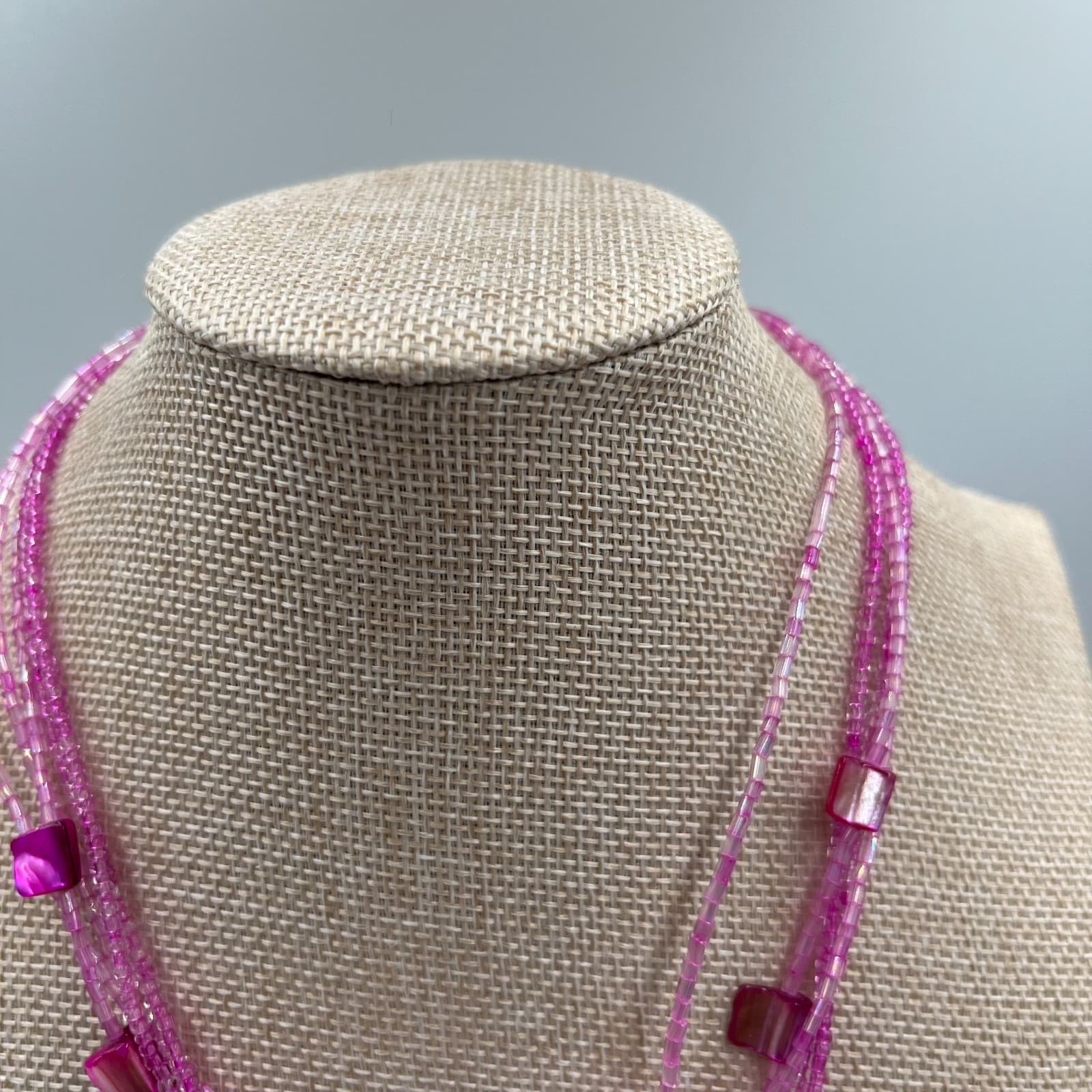 Vintage Pink Mother of Pearl Shell Pendant Necklace Multi Strand Seed Bead Boho - Thumbnail 2