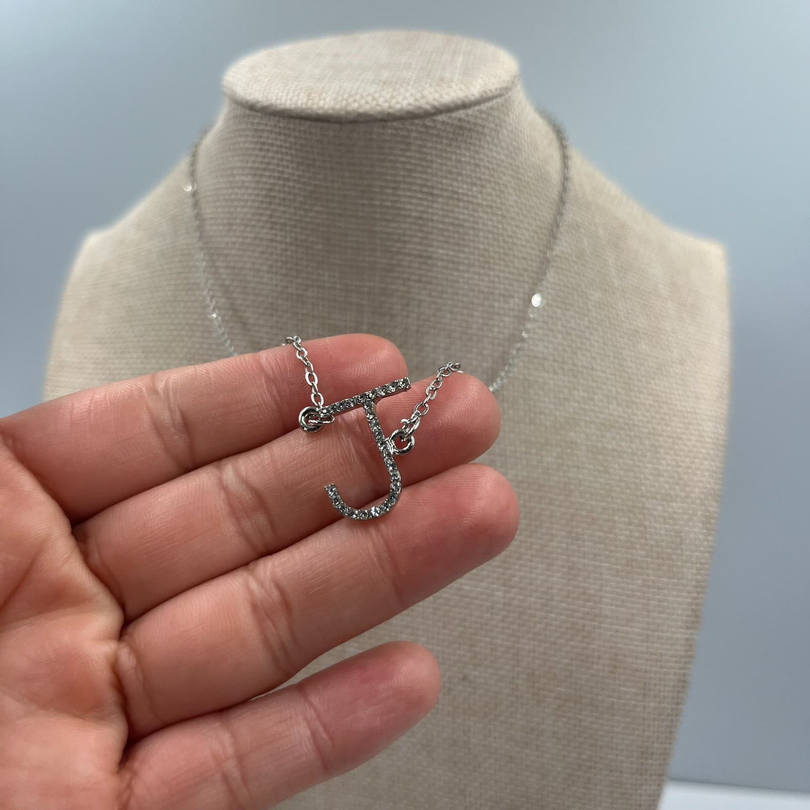 Vintage Dainty Silver Initial J Pendant Necklace Clear Rhinestone Alphabet Charm - Thumbnail 3