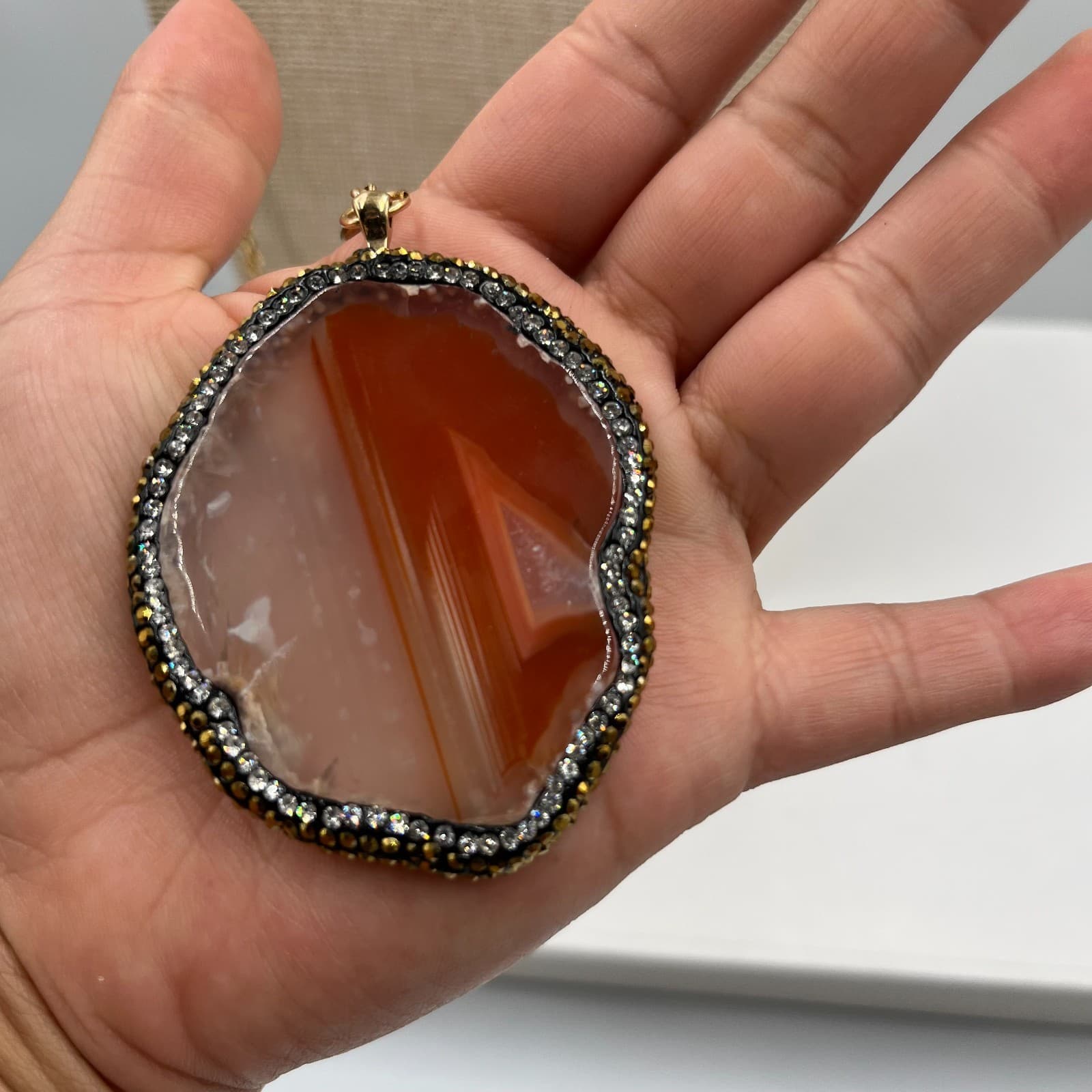 Vintage Banded Agate Slice Pendant Necklace Gold Tone Orange White Geode Boho - Thumbnail 5