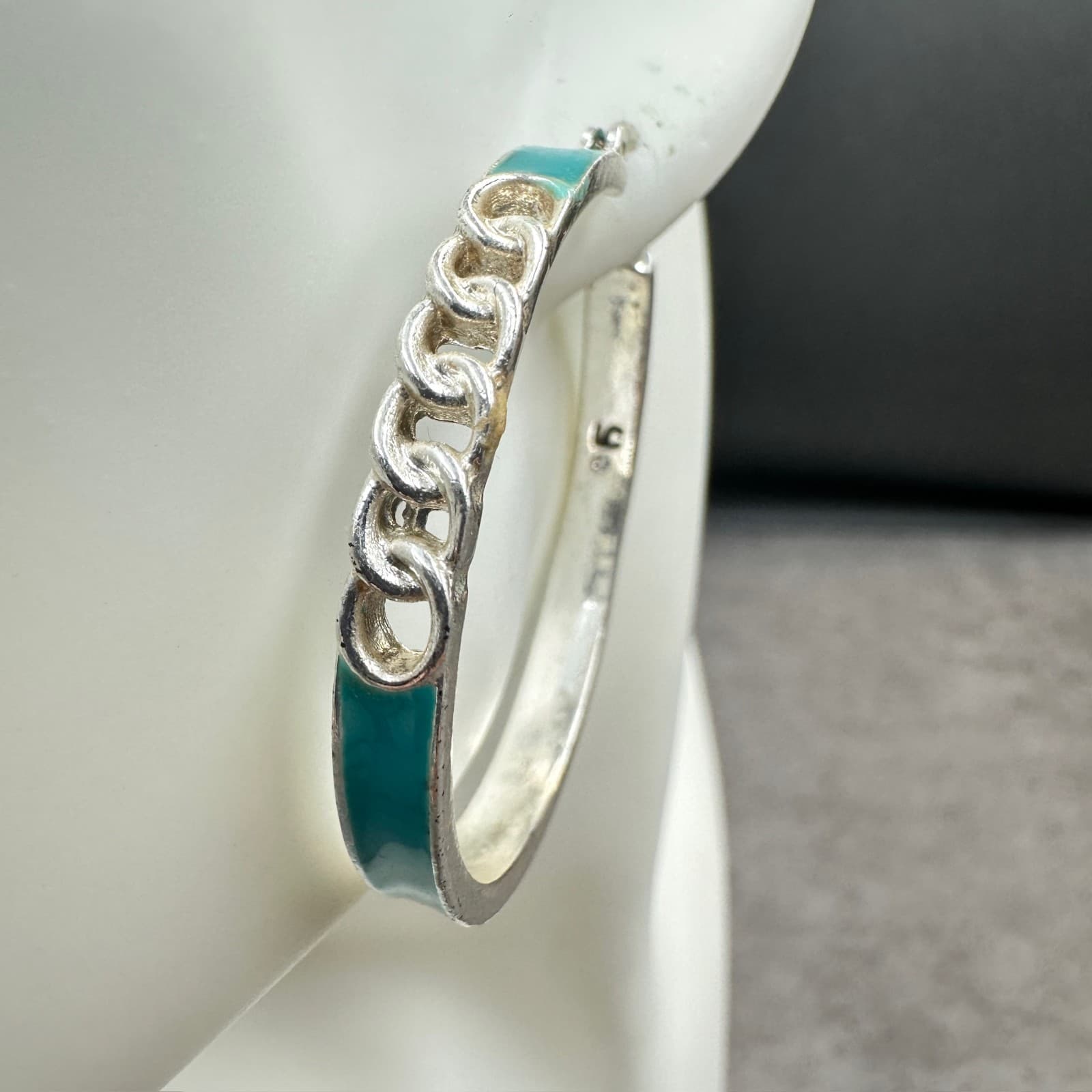 Silver Hoop Earrings w/ Teal Enamel & Chain Detail – Modern Bold Statement - Thumbnail 7