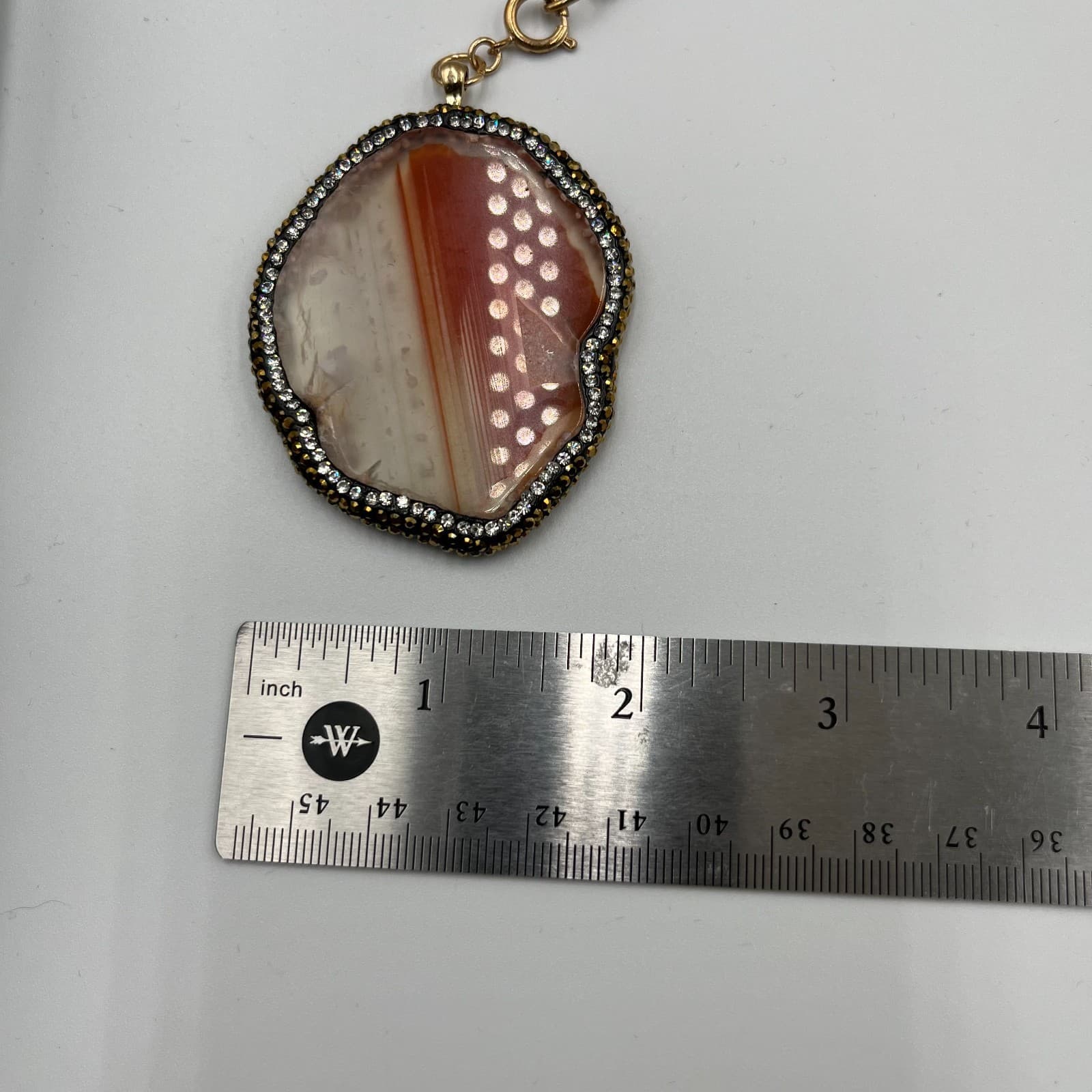 Vintage Banded Agate Slice Pendant Necklace Gold Tone Orange White Geode Boho - Thumbnail 10