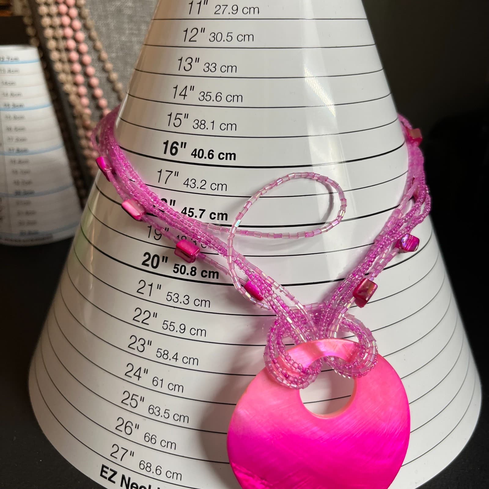 Vintage Pink Mother of Pearl Shell Pendant Necklace Multi Strand Seed Bead Boho - Thumbnail 7