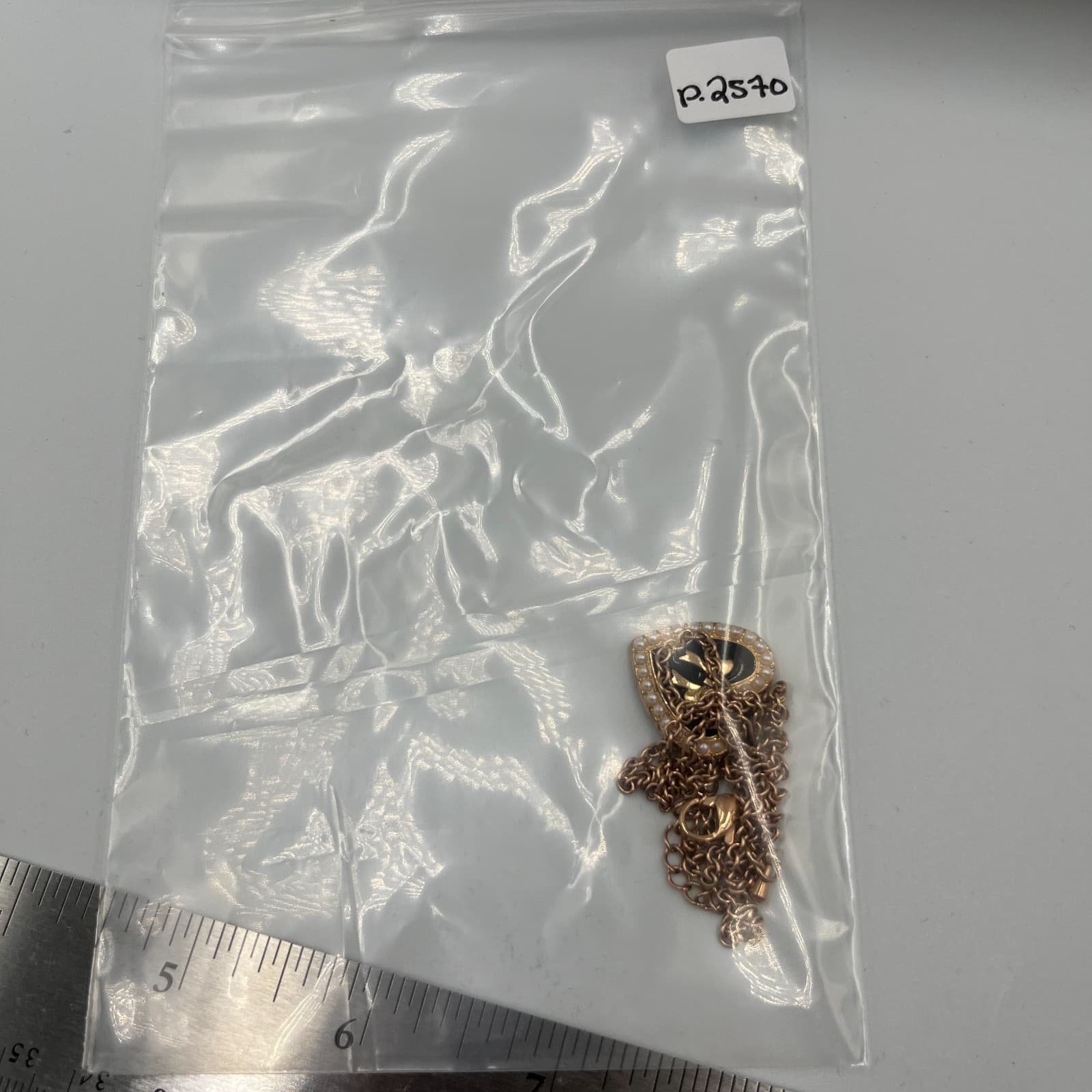 Vintage Black Enamel Heart Pendant Necklace Gold Tone Bow Faux Pearl Statement - Thumbnail 8