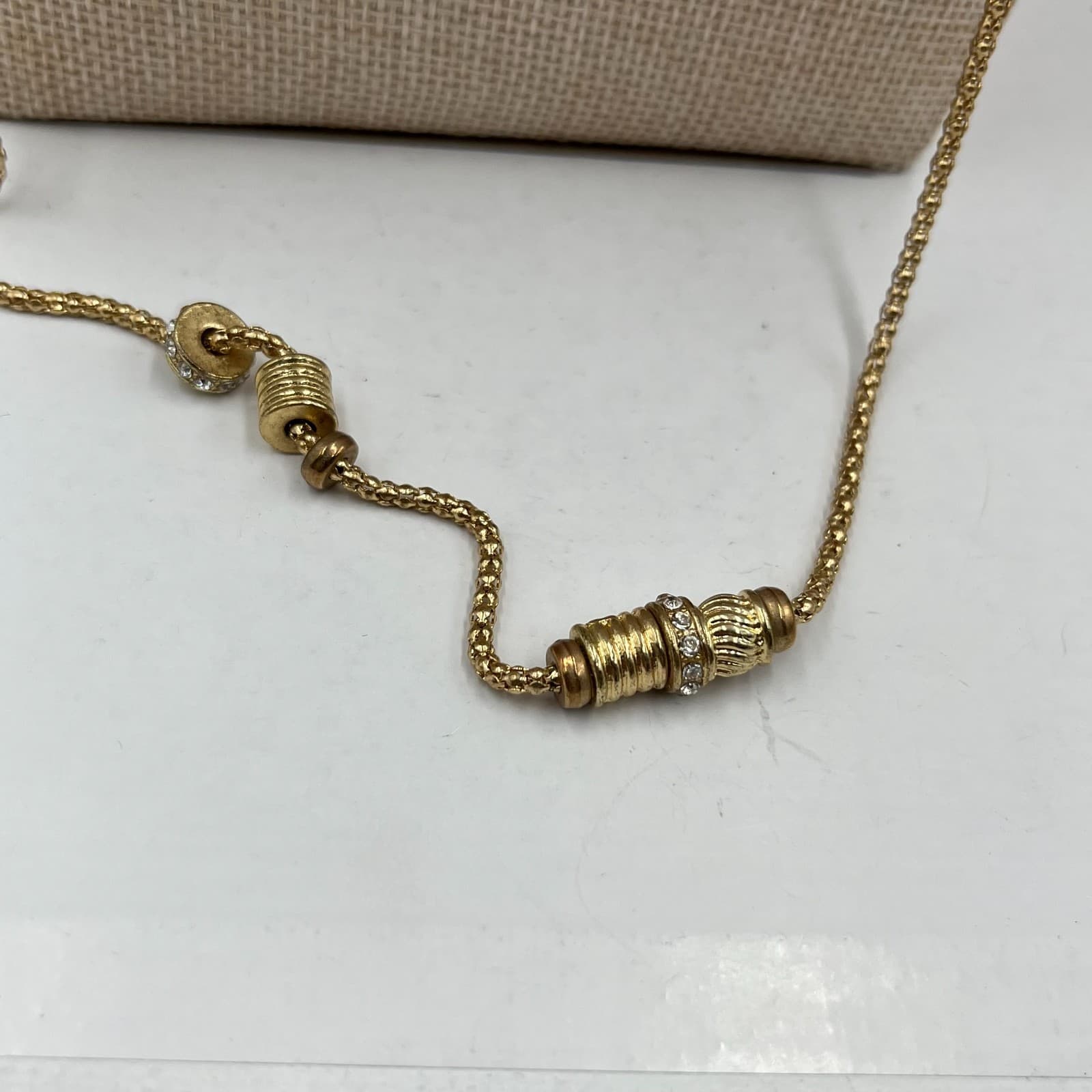 Vintage Gold Tone Long Station Necklace Rhinestone Encrusted Ball Beads 36" - Thumbnail 5