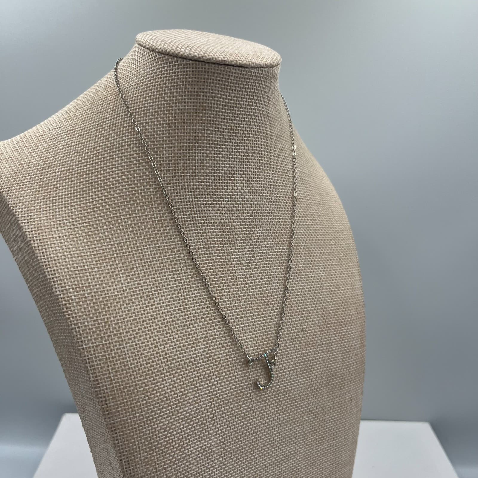 Vintage Dainty Silver Initial J Pendant Necklace Clear Rhinestone Alphabet Charm - Thumbnail 5