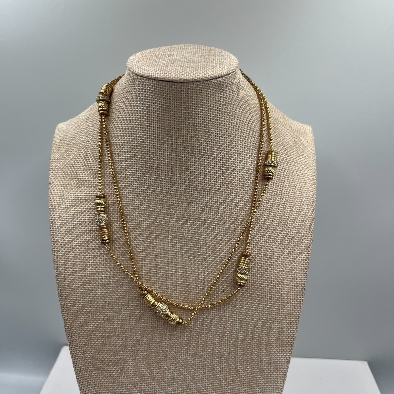 Vintage Gold Tone Long Station Necklace Rhinestone Encrusted Ball Beads 36" - Image 1