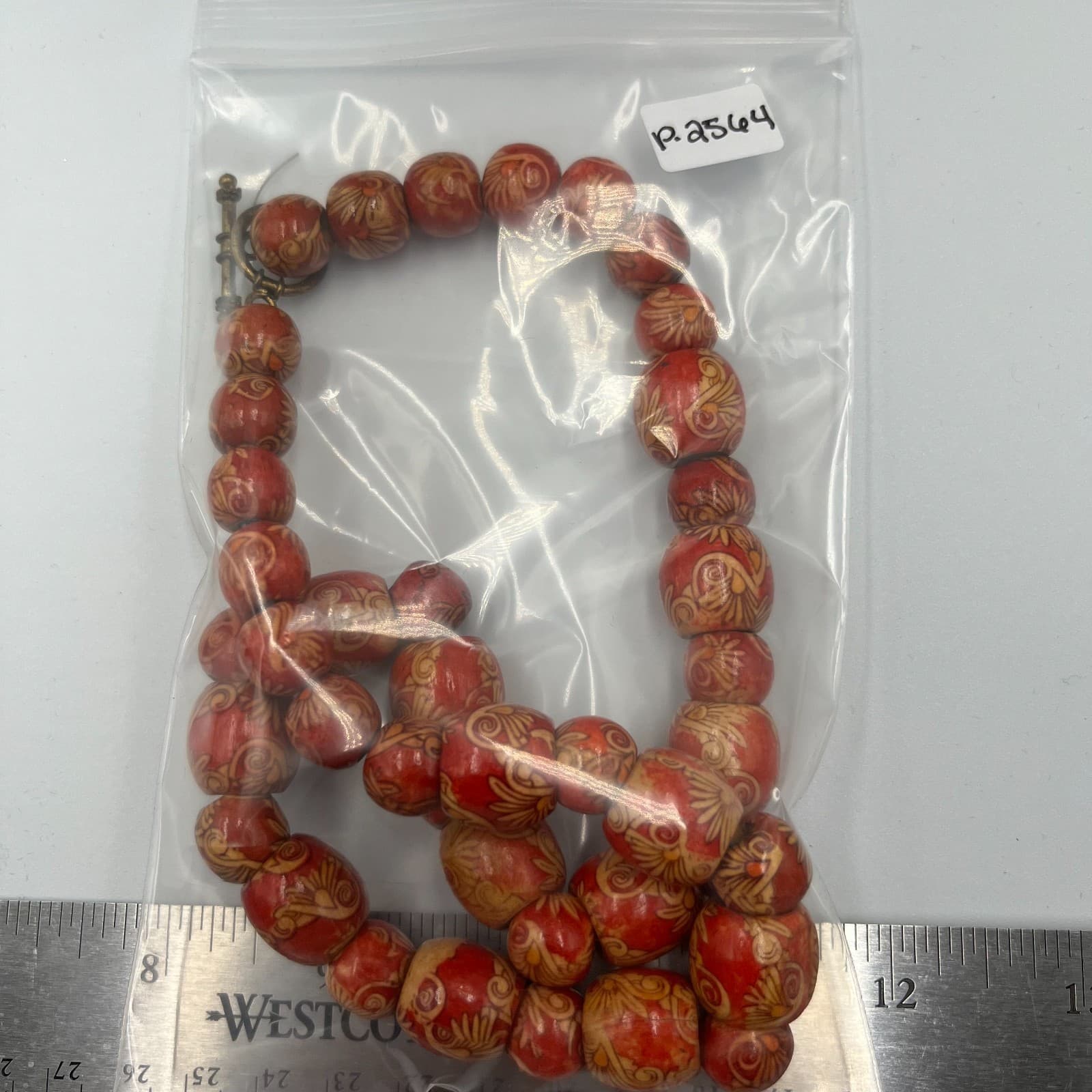Vintage Red Wooden Bead Necklace Hand Painted Floral Boho Statement Jewelry 24" - Thumbnail 7