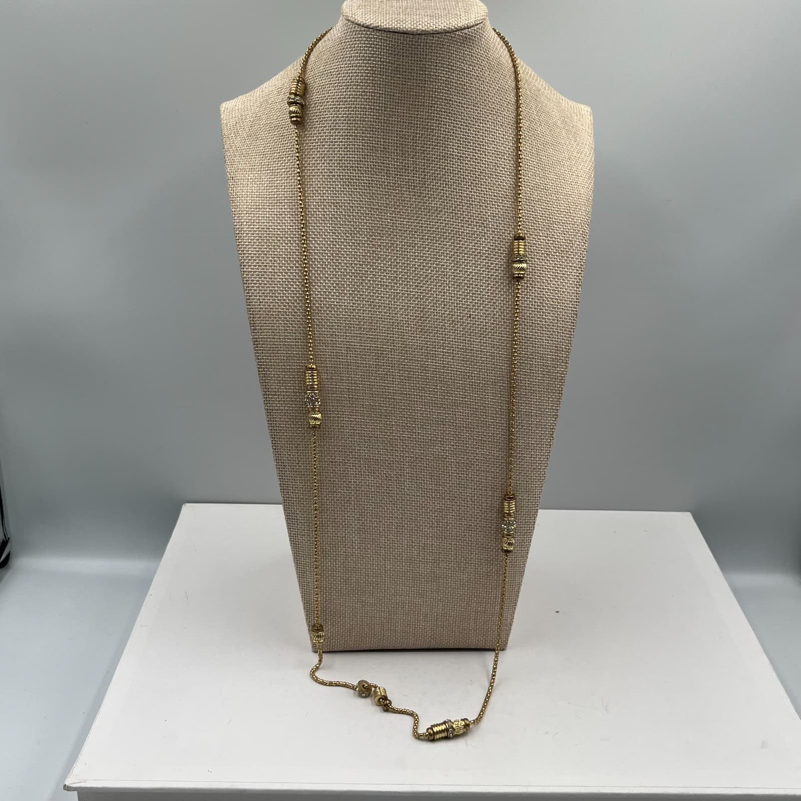 Vintage Gold Tone Long Station Necklace Rhinestone Encrusted Ball Beads 36" - Thumbnail 4