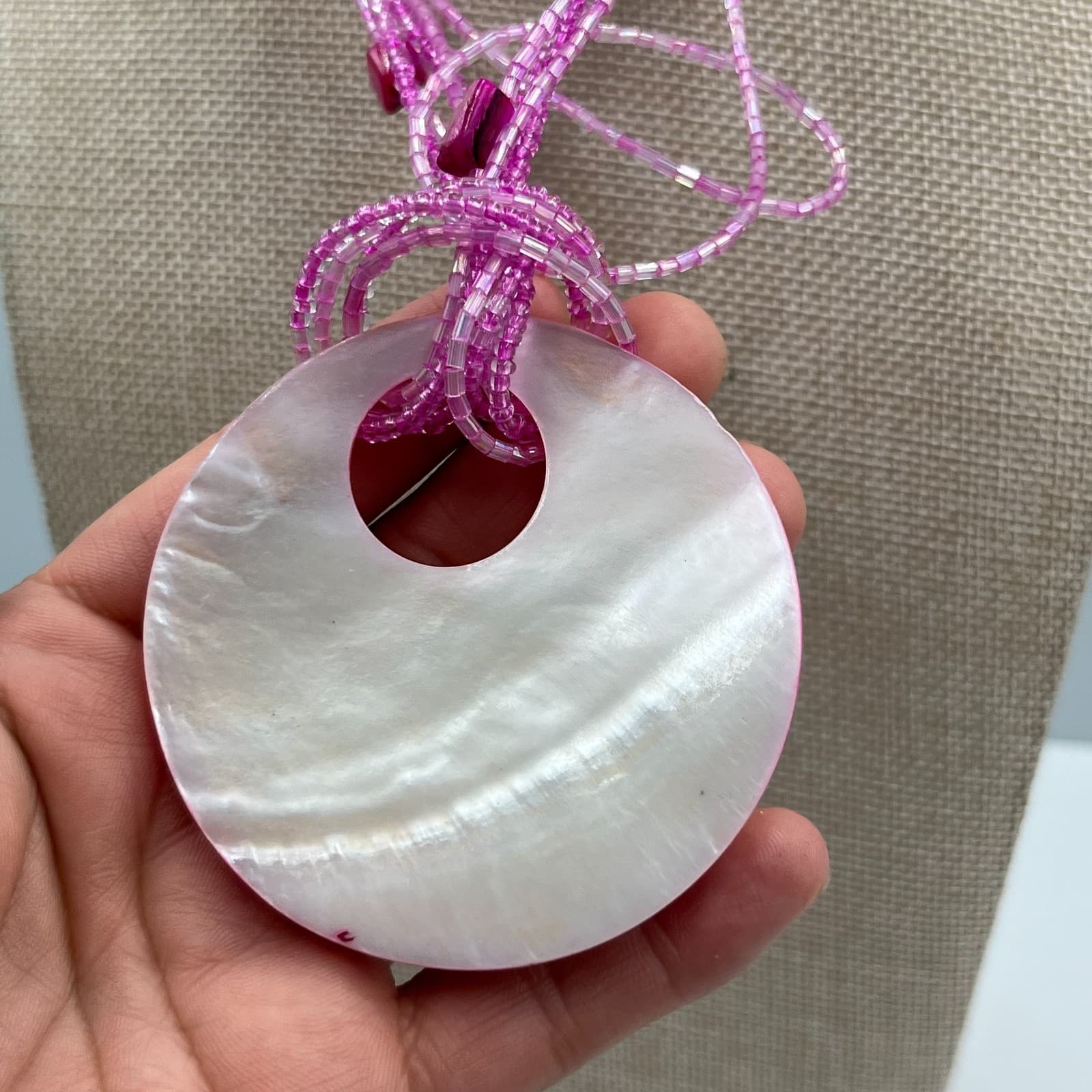 Vintage Pink Mother of Pearl Shell Pendant Necklace Multi Strand Seed Bead Boho - Thumbnail 4