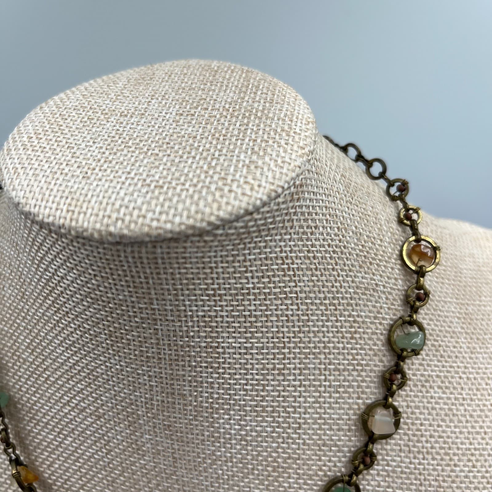 Vintage Bohemian Brass Hoop Necklace Organic Mixed Stone Chips Earthy Hippie - Thumbnail 2