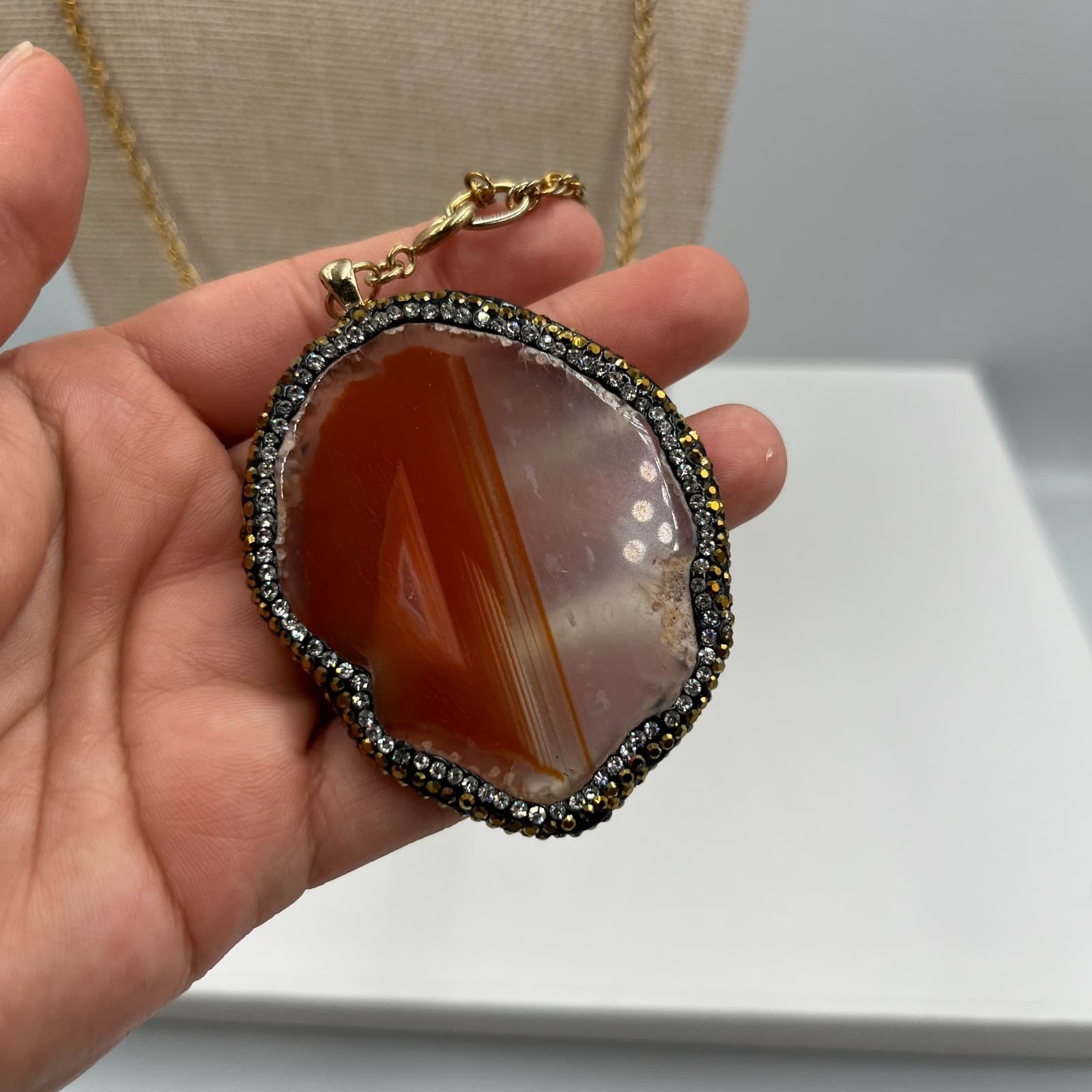 Vintage Banded Agate Slice Pendant Necklace Gold Tone Orange White Geode Boho - Thumbnail 4