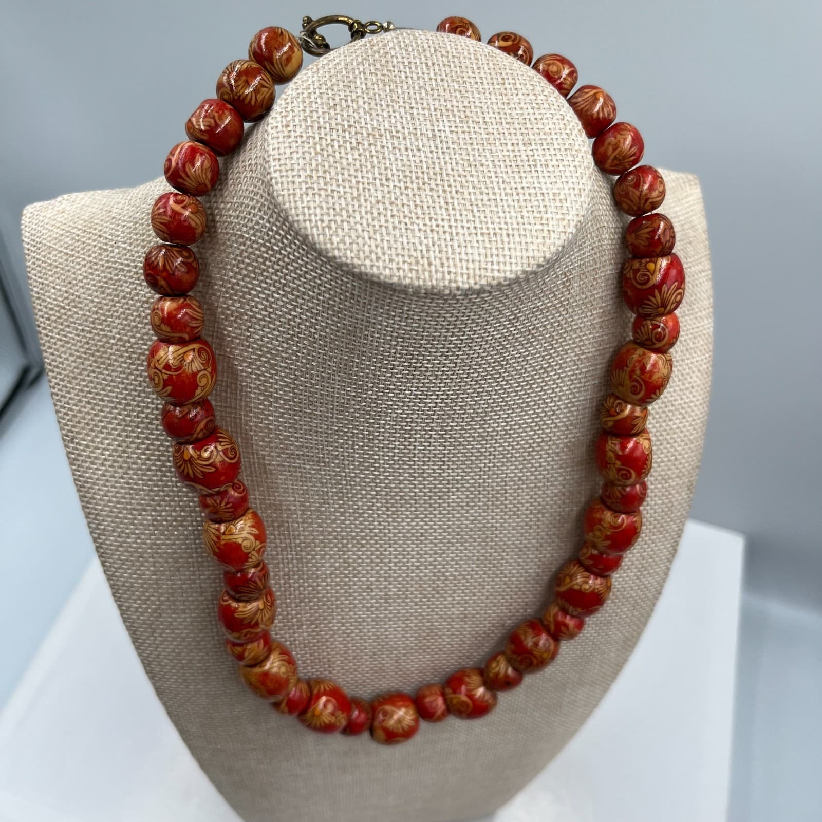 Vintage Red Wooden Bead Necklace Hand Painted Floral Boho Statement Jewelry 24" - Thumbnail 5