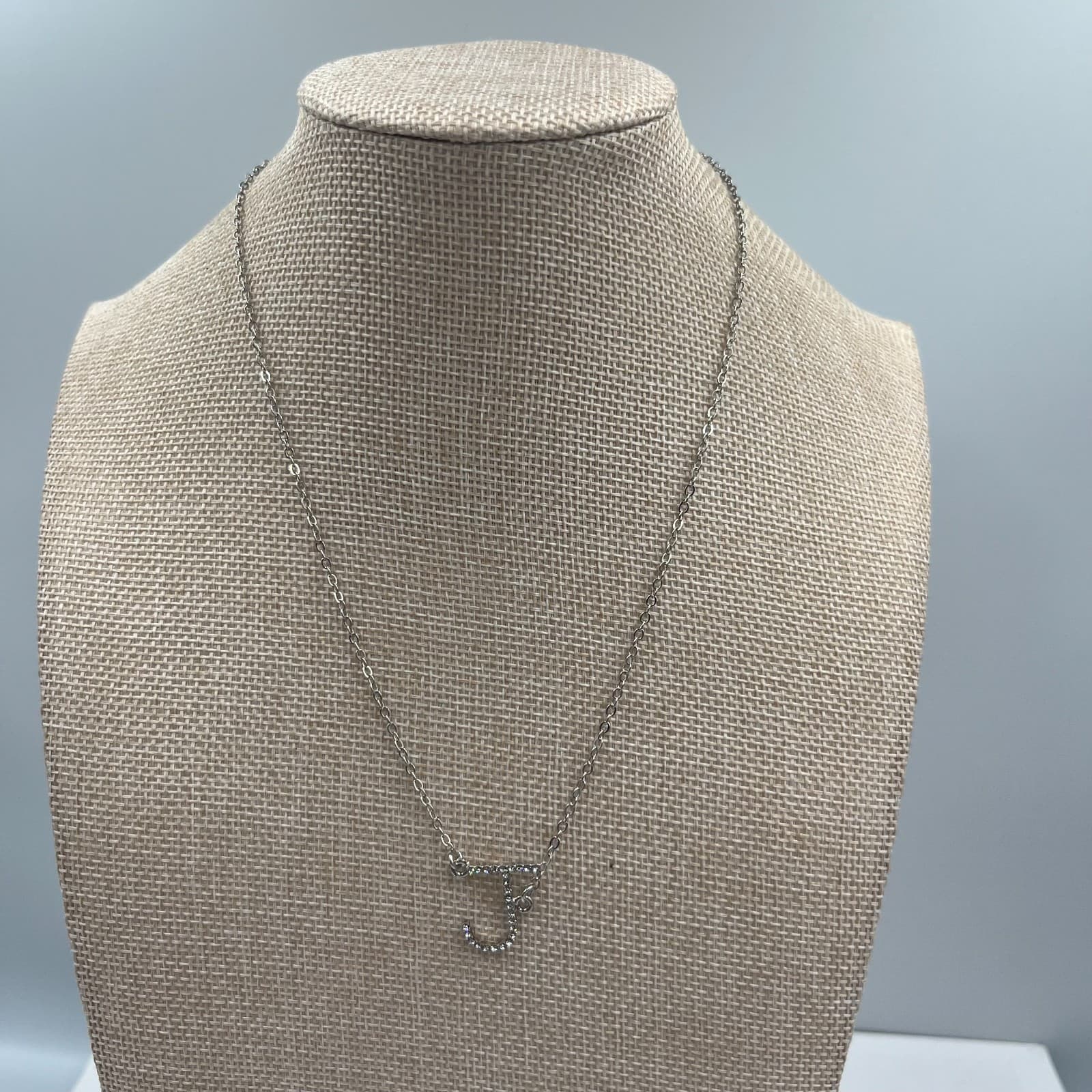 Vintage Dainty Silver Initial J Pendant Necklace Clear Rhinestone Alphabet Charm - Image 1