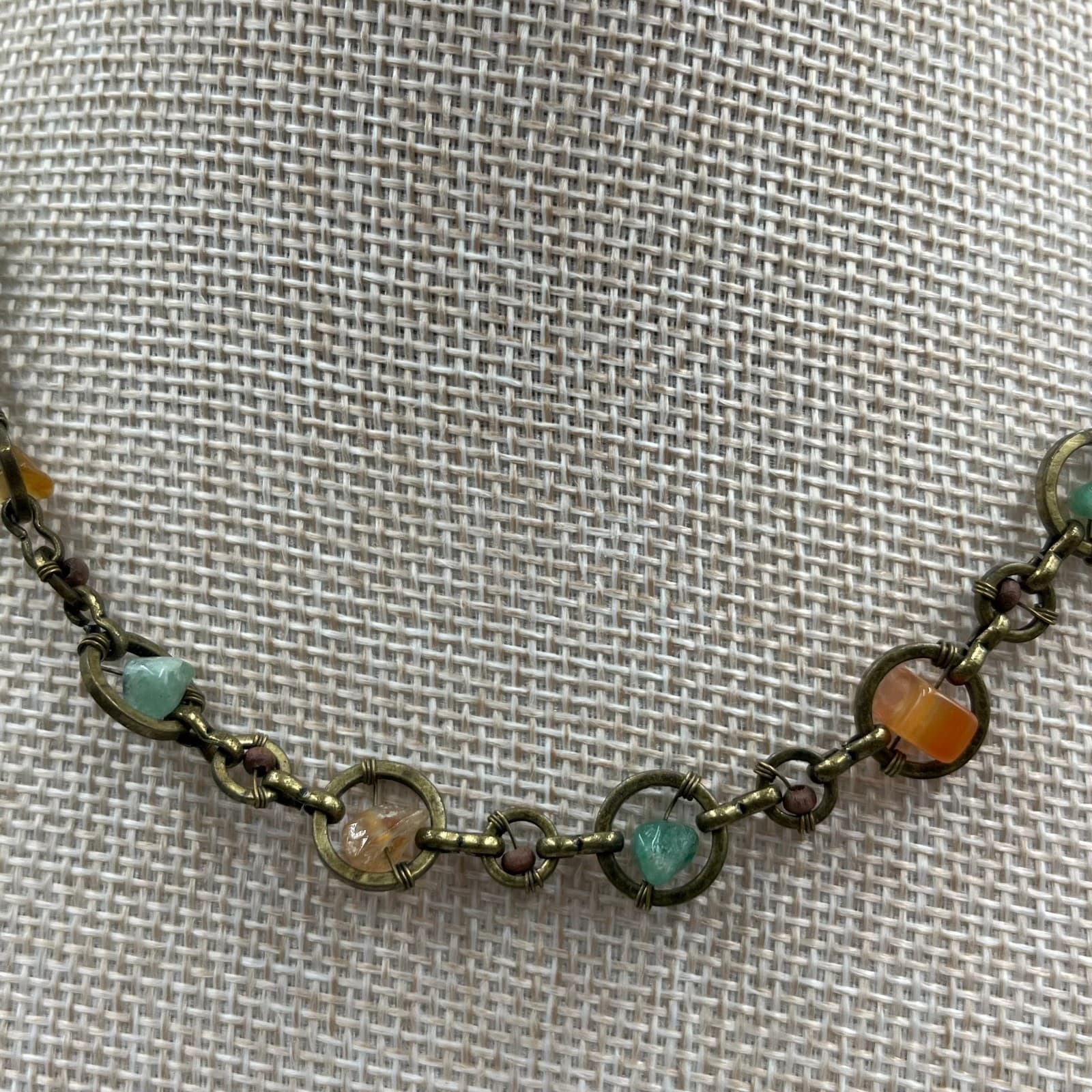 Vintage Bohemian Brass Hoop Necklace Organic Mixed Stone Chips Earthy Hippie - Thumbnail 3