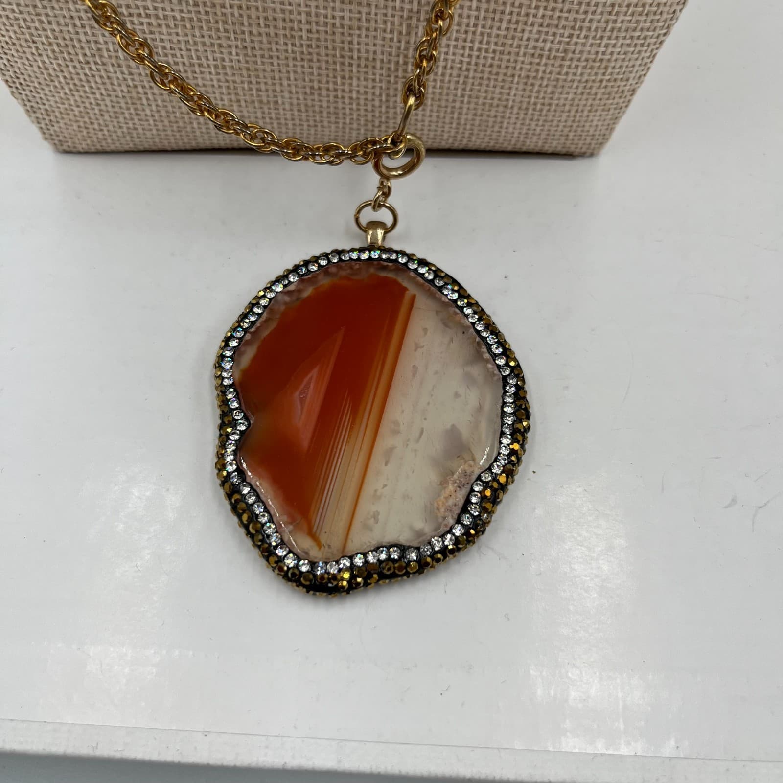 Vintage Banded Agate Slice Pendant Necklace Gold Tone Orange White Geode Boho - Thumbnail 3