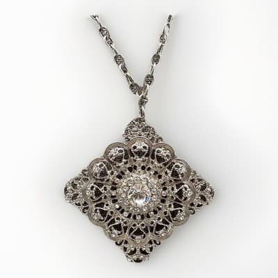 Vintage Silver Tone Medallion Necklace Clear Rhinestones Filigree Chain - Image 1