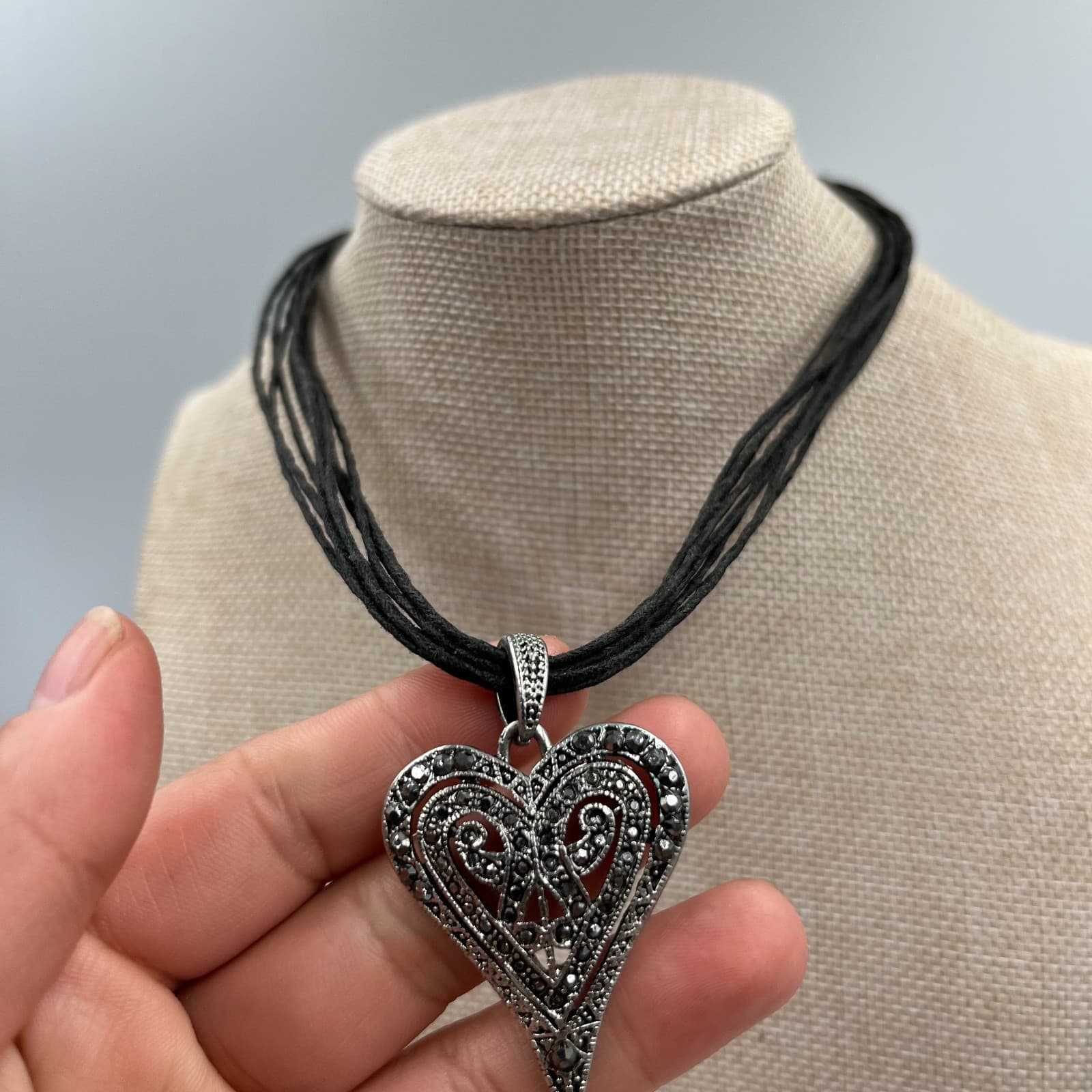 Vintage Marcasite Heart Pendant Necklace Multi Strand Black Cord - Thumbnail 3