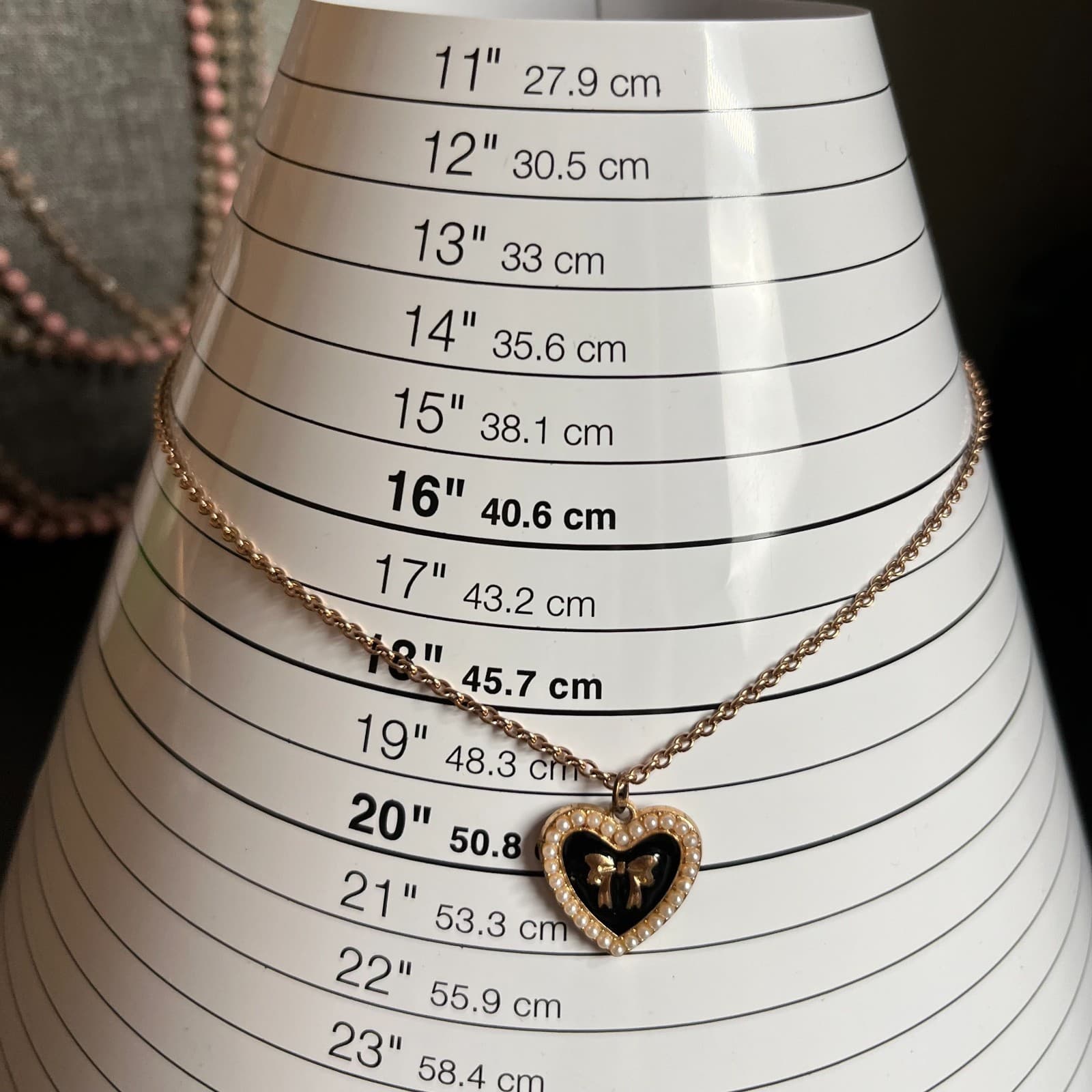 Vintage Black Enamel Heart Pendant Necklace Gold Tone Bow Faux Pearl Statement - Thumbnail 7