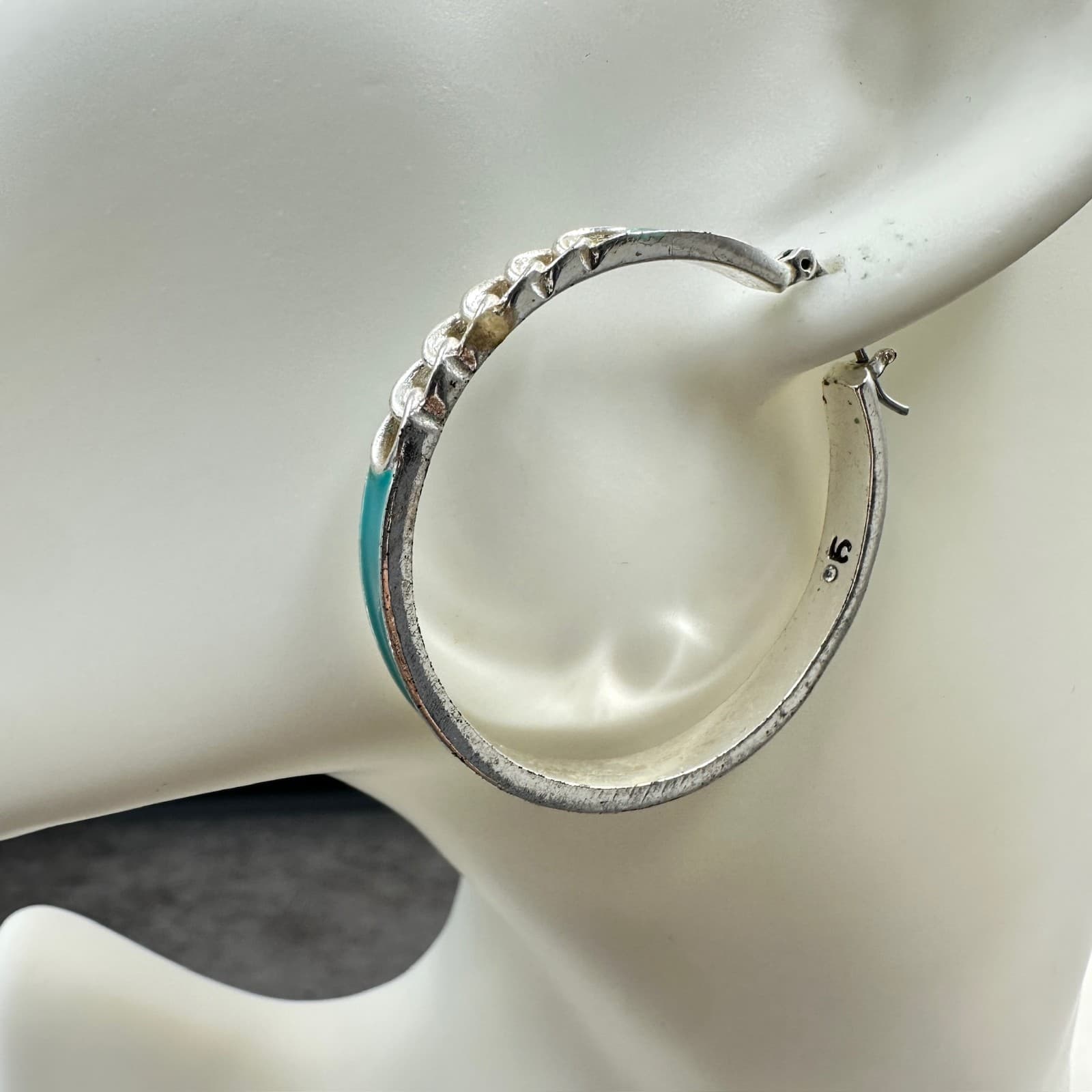 Silver Hoop Earrings w/ Teal Enamel & Chain Detail – Modern Bold Statement - Thumbnail 12