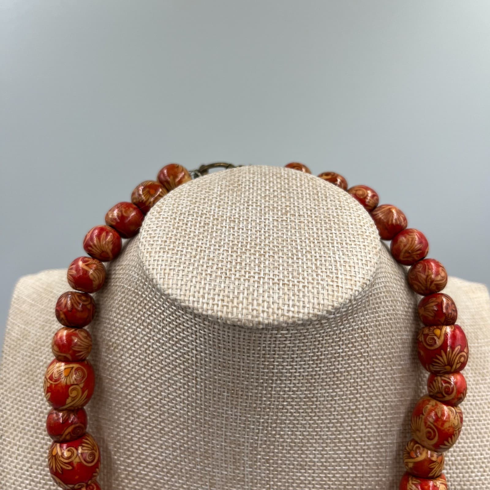 Vintage Red Wooden Bead Necklace Hand Painted Floral Boho Statement Jewelry 24" - Thumbnail 2