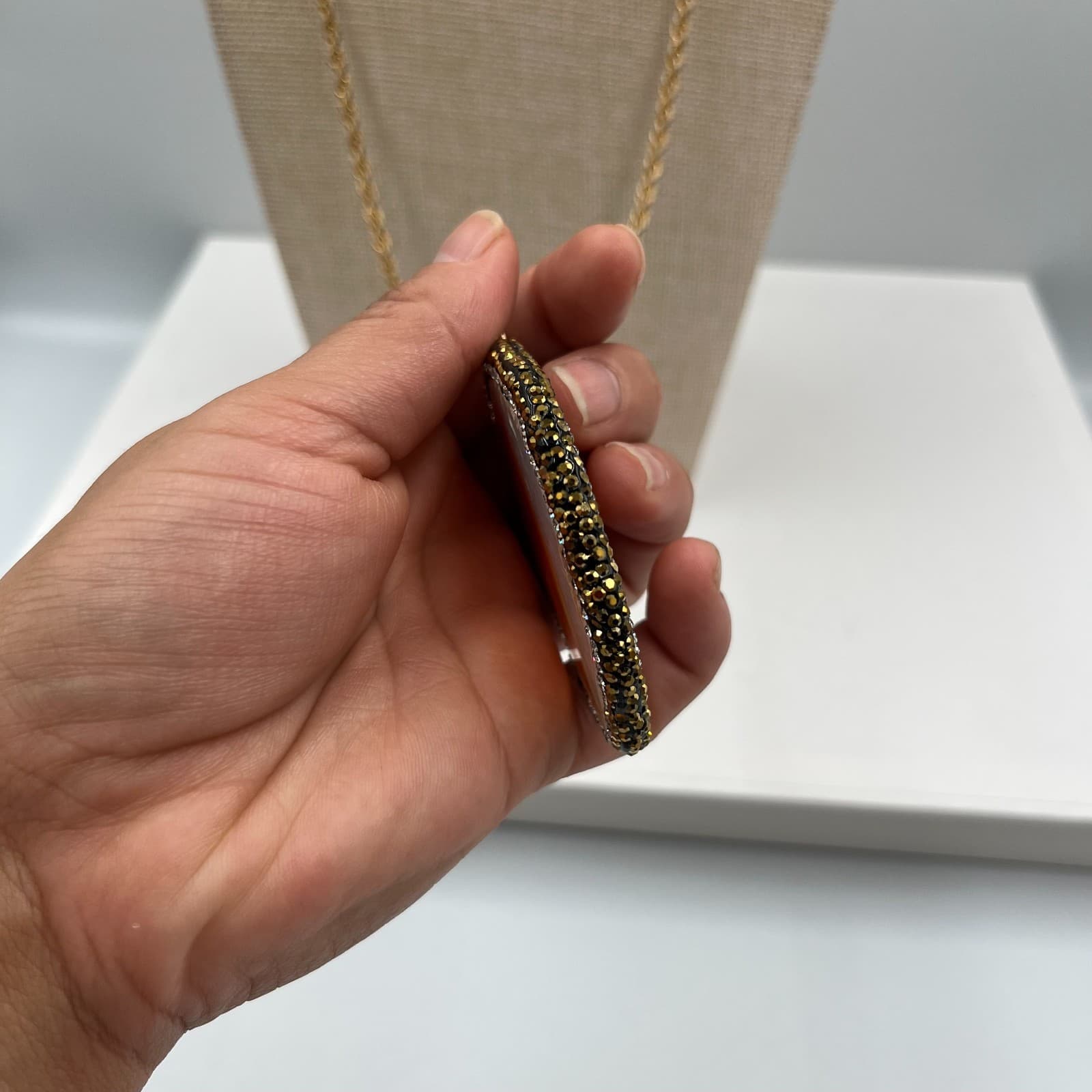 Vintage Banded Agate Slice Pendant Necklace Gold Tone Orange White Geode Boho - Thumbnail 6