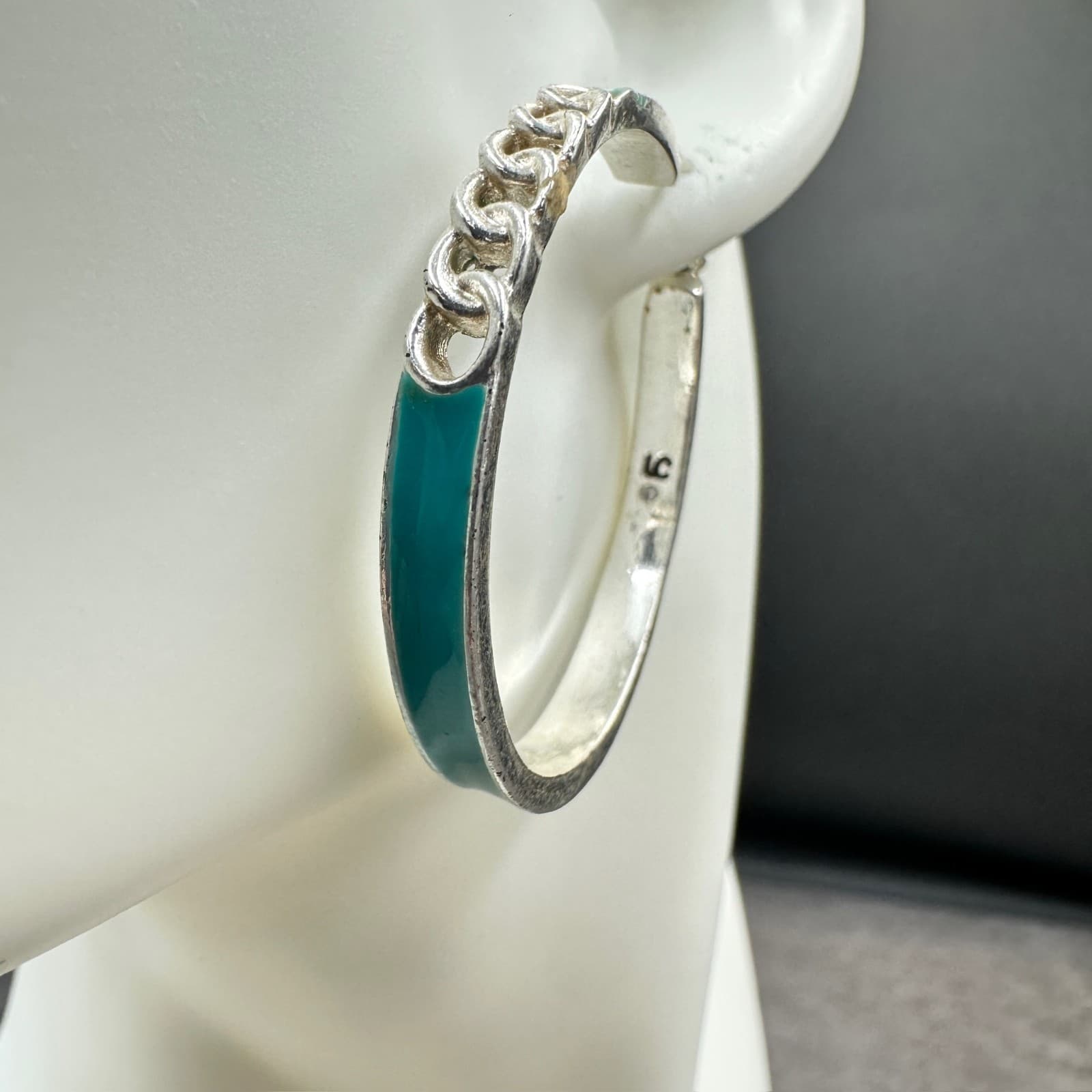 Silver Hoop Earrings w/ Teal Enamel & Chain Detail – Modern Bold Statement - Thumbnail 6
