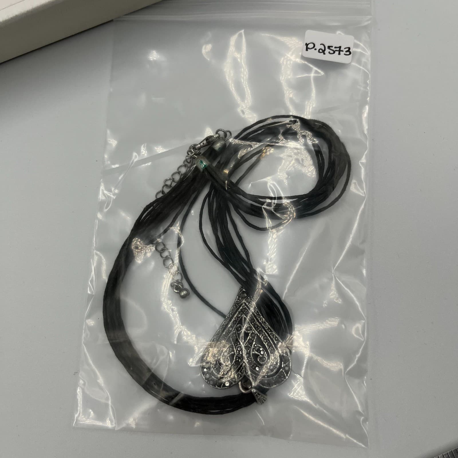 Vintage Marcasite Heart Pendant Necklace Multi Strand Black Cord - Thumbnail 7