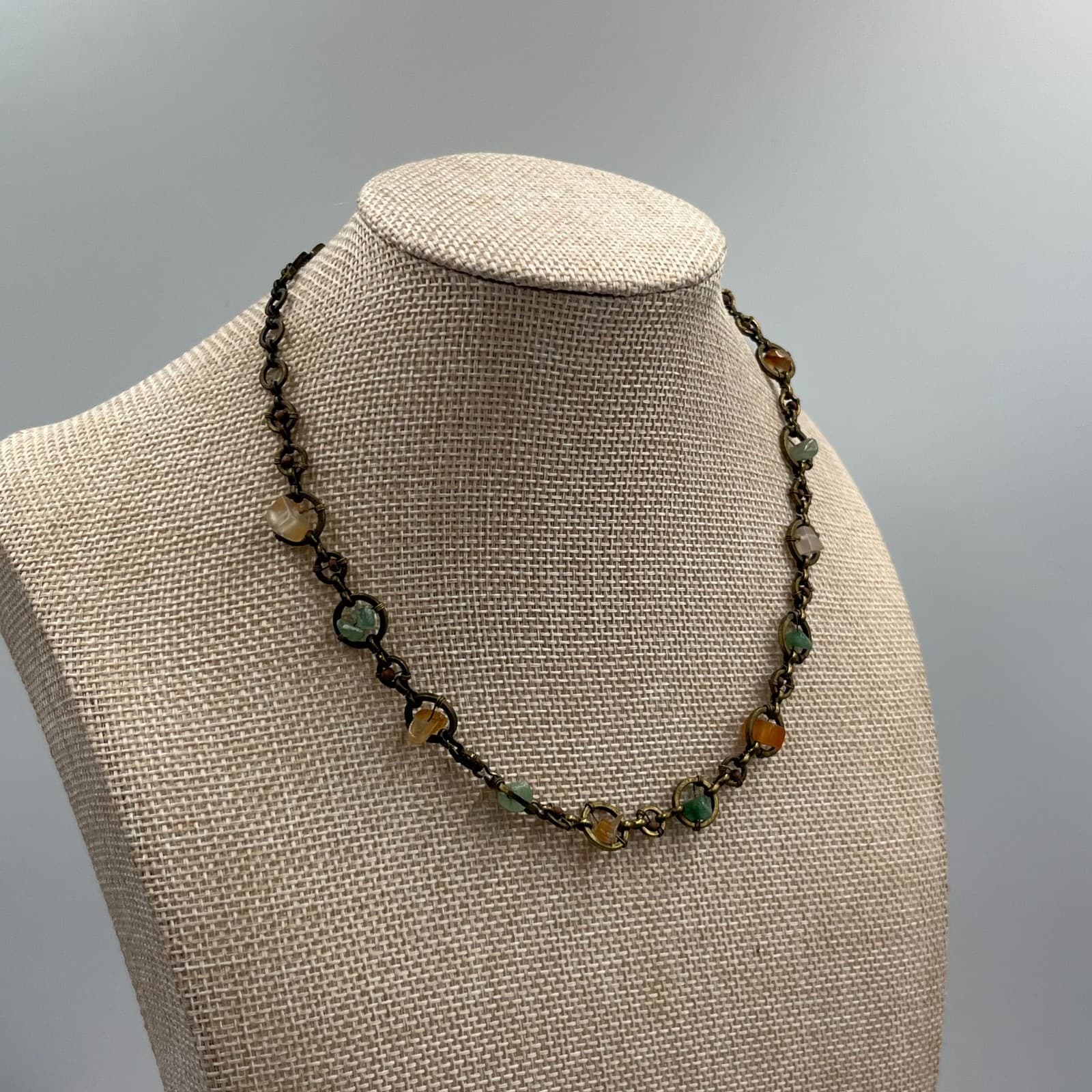 Vintage Bohemian Brass Hoop Necklace Organic Mixed Stone Chips Earthy Hippie - Thumbnail 4