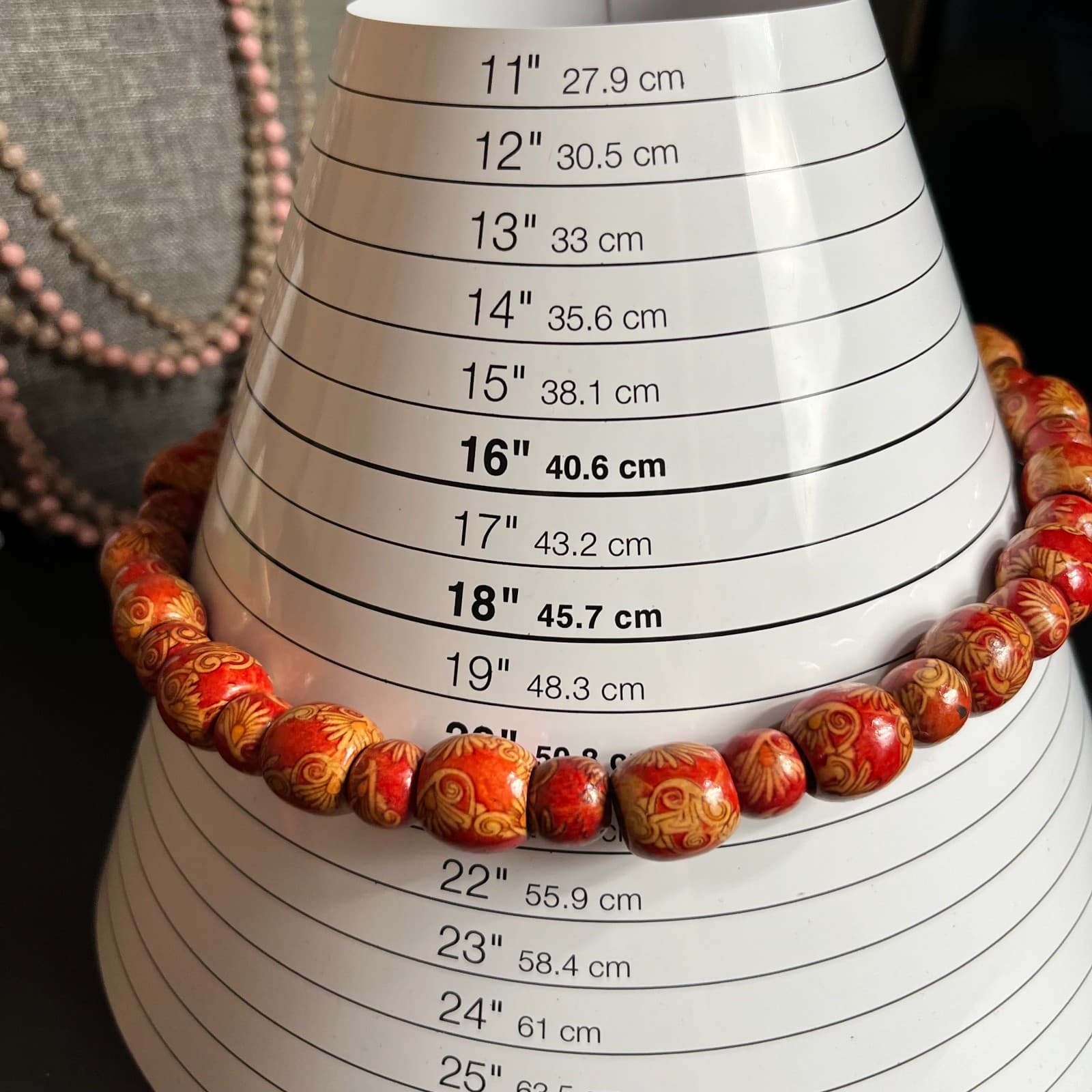 Vintage Red Wooden Bead Necklace Hand Painted Floral Boho Statement Jewelry 24" - Thumbnail 6