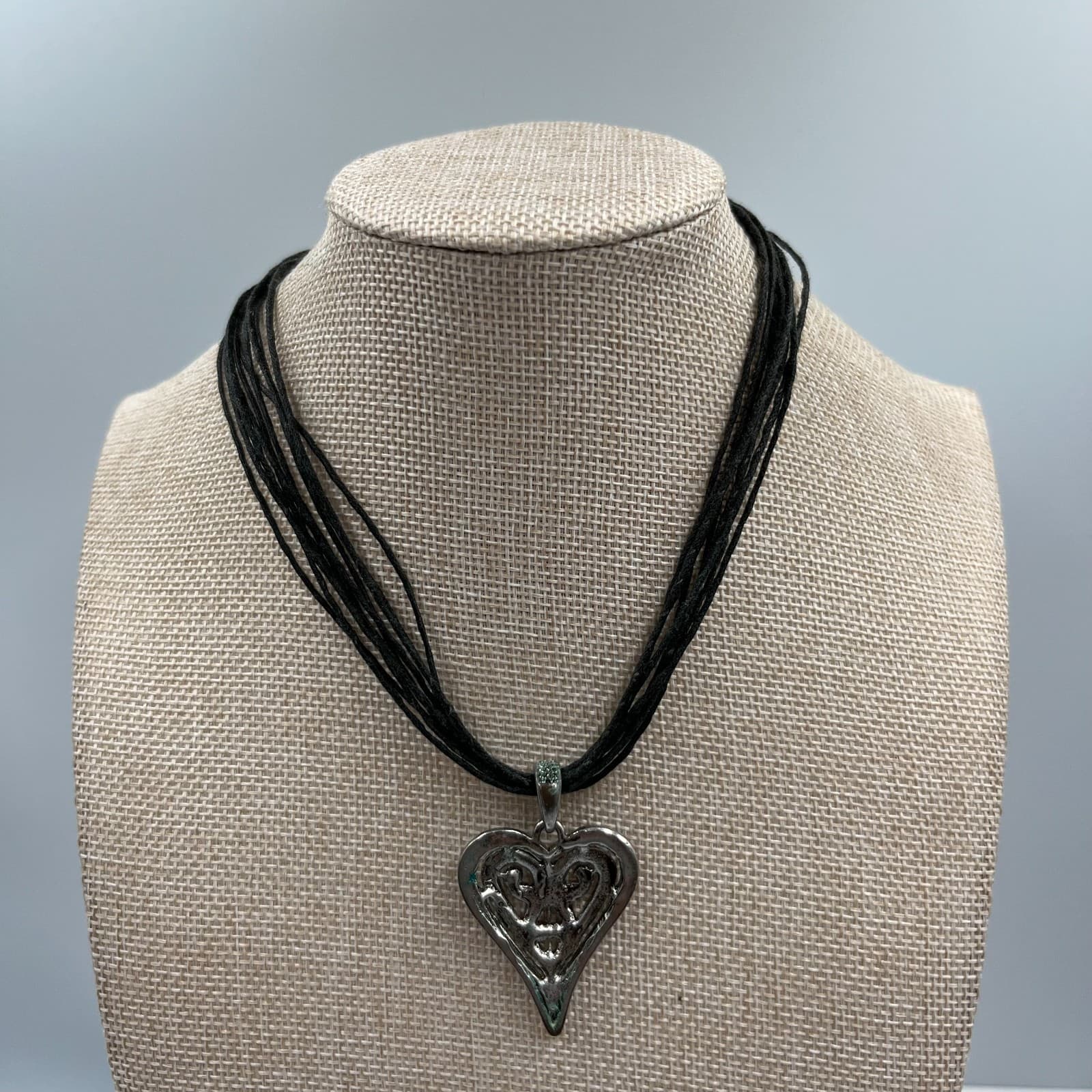 Vintage Marcasite Heart Pendant Necklace Multi Strand Black Cord - Thumbnail 5